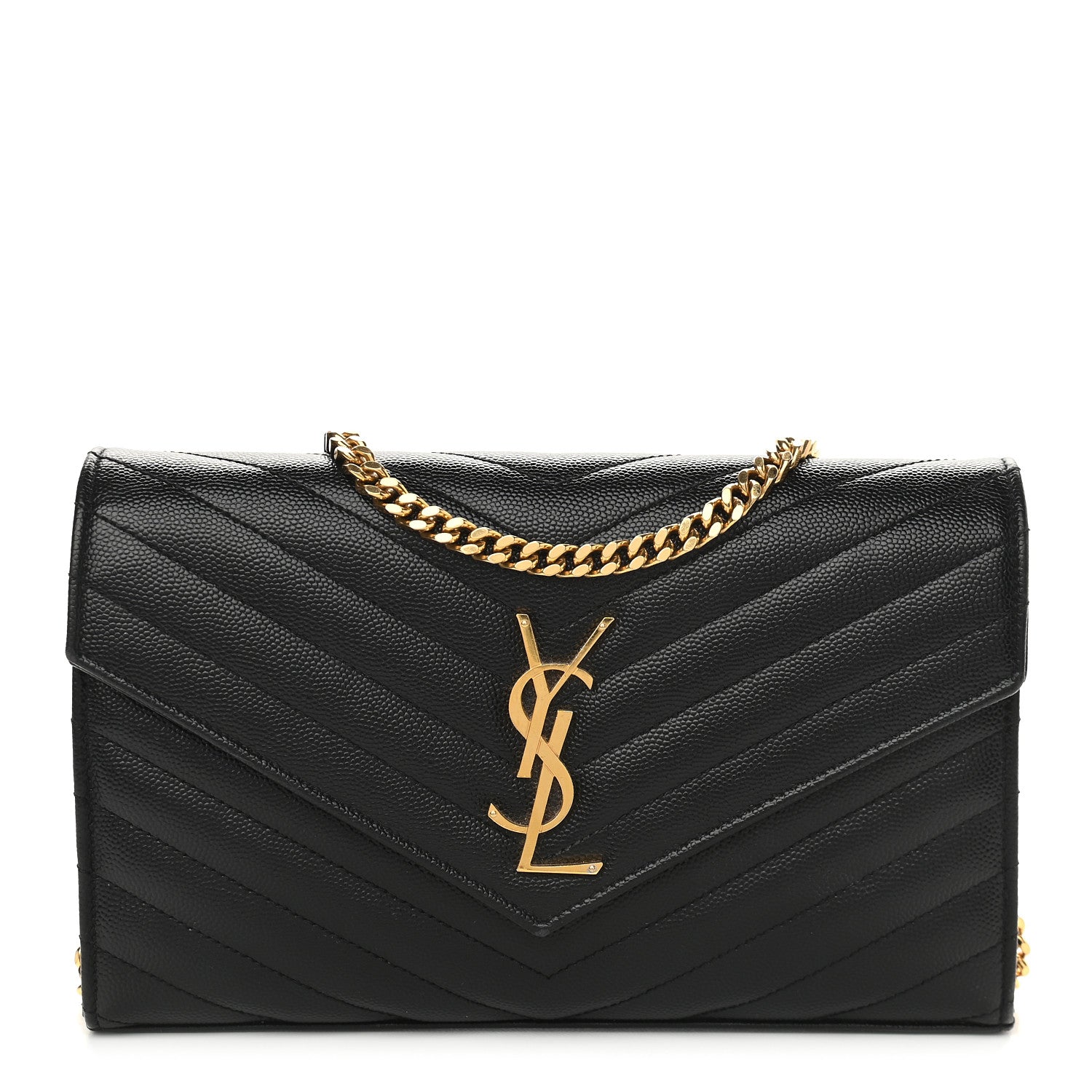 Saint Laurent Grain De Poudre Matelasse Chevron Monogram Chain Wallet Black 1 of 10
