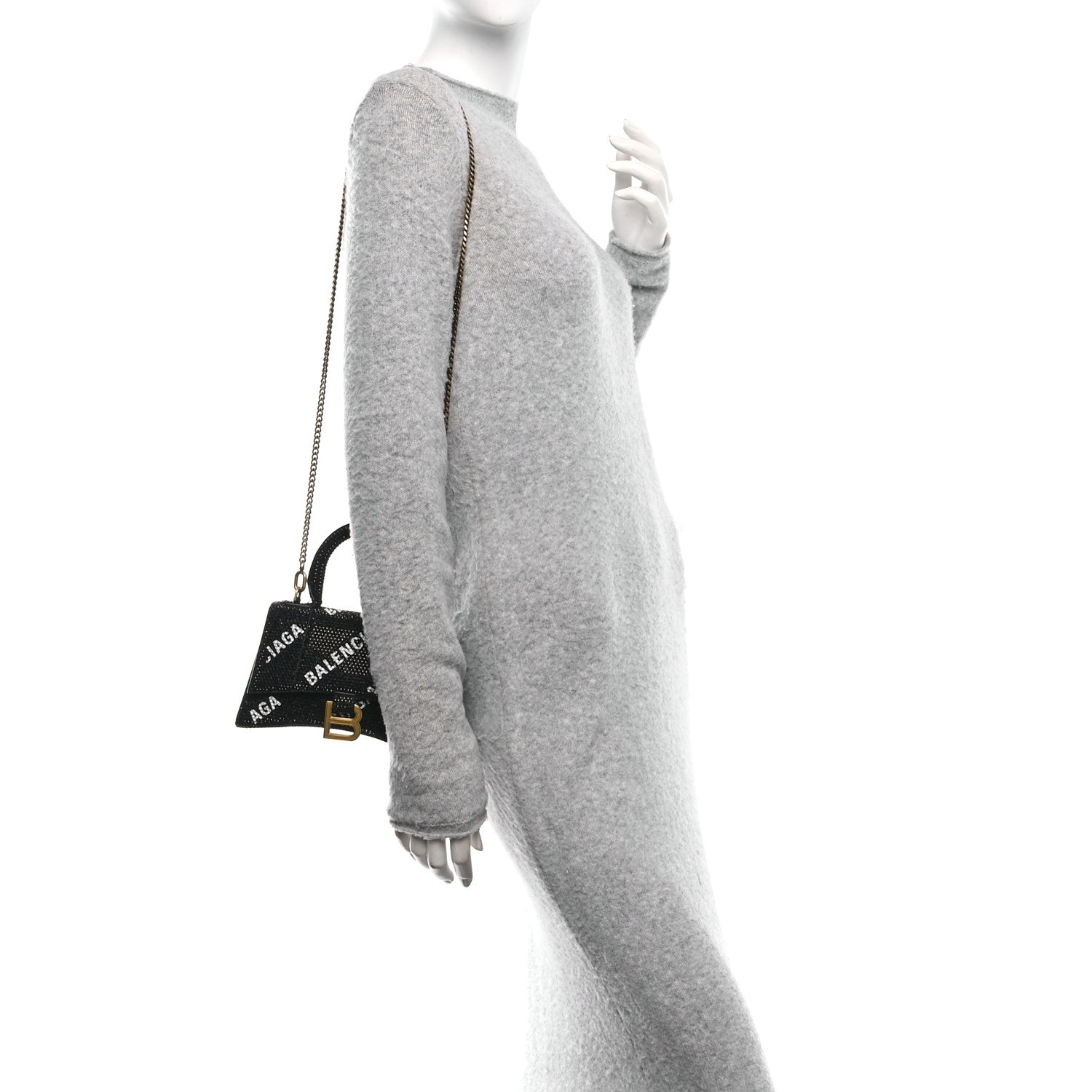 Balenciaga Strass Suede Allover Logo Hourglass Top Handle Bag XS with Chain Black White Black White 2 of 11
