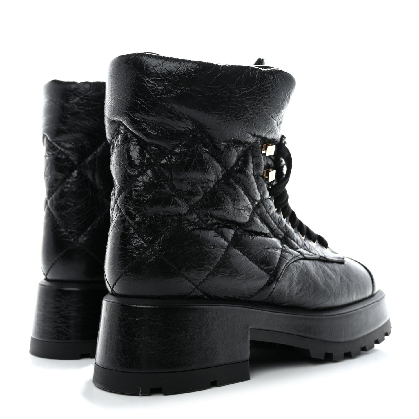 Crumpled Patent Lambskin Calfskin Quilted Lace Up Combat Boots 39 Black