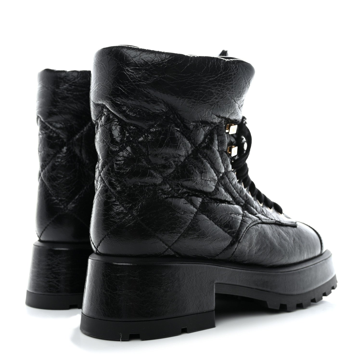 Chanel Crumpled Patent Lambskin Calfskin Quilted Lace Up Combat Boots 39 Black 4 of 8