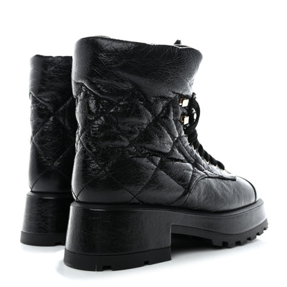 Chanel Crumpled Patent Lambskin Calfskin Quilted Lace Up Combat Boots 39 Black 4 of 8
