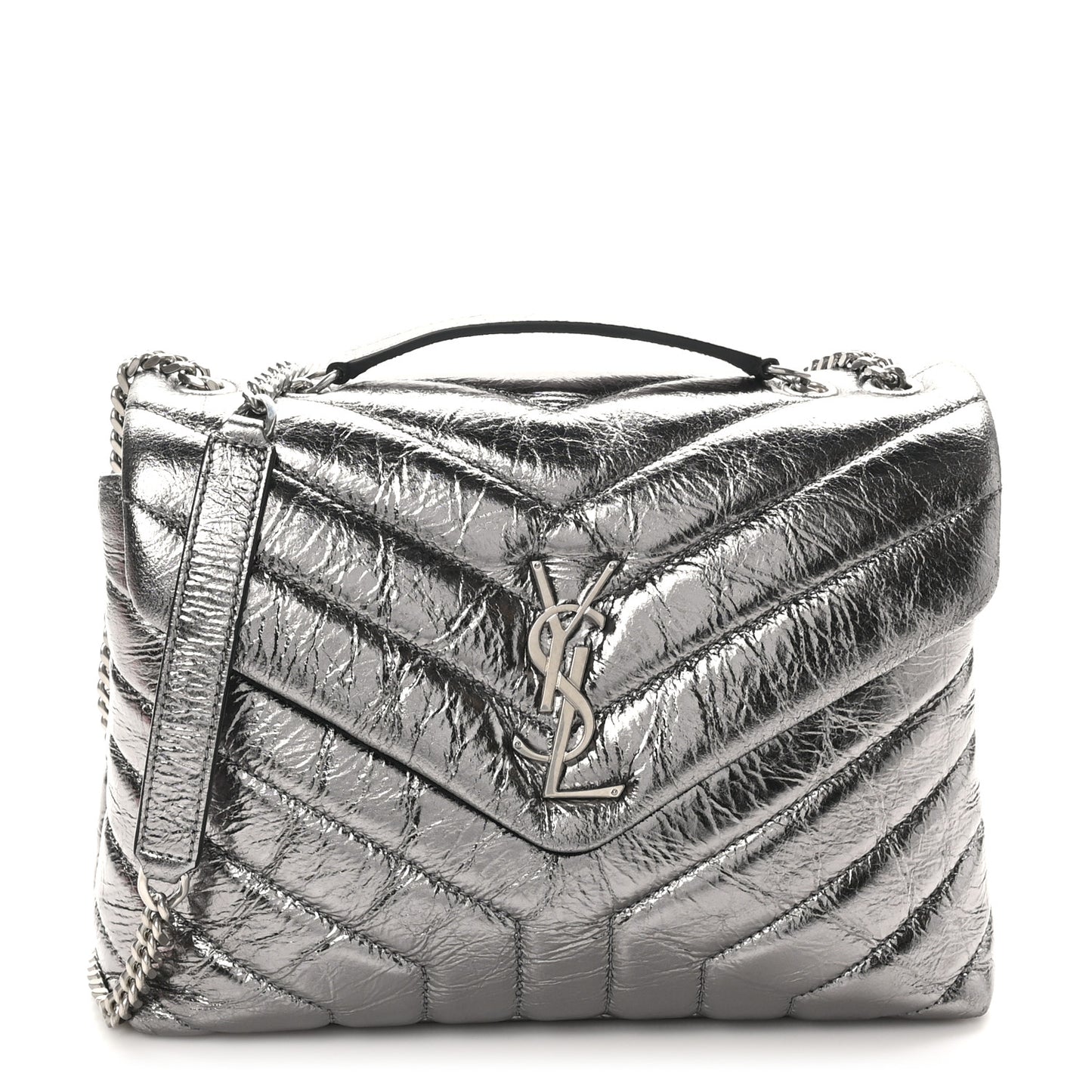 Metallic Calfskin Y Quilted Monogram Small Loulou Chain Satchel Acciaio