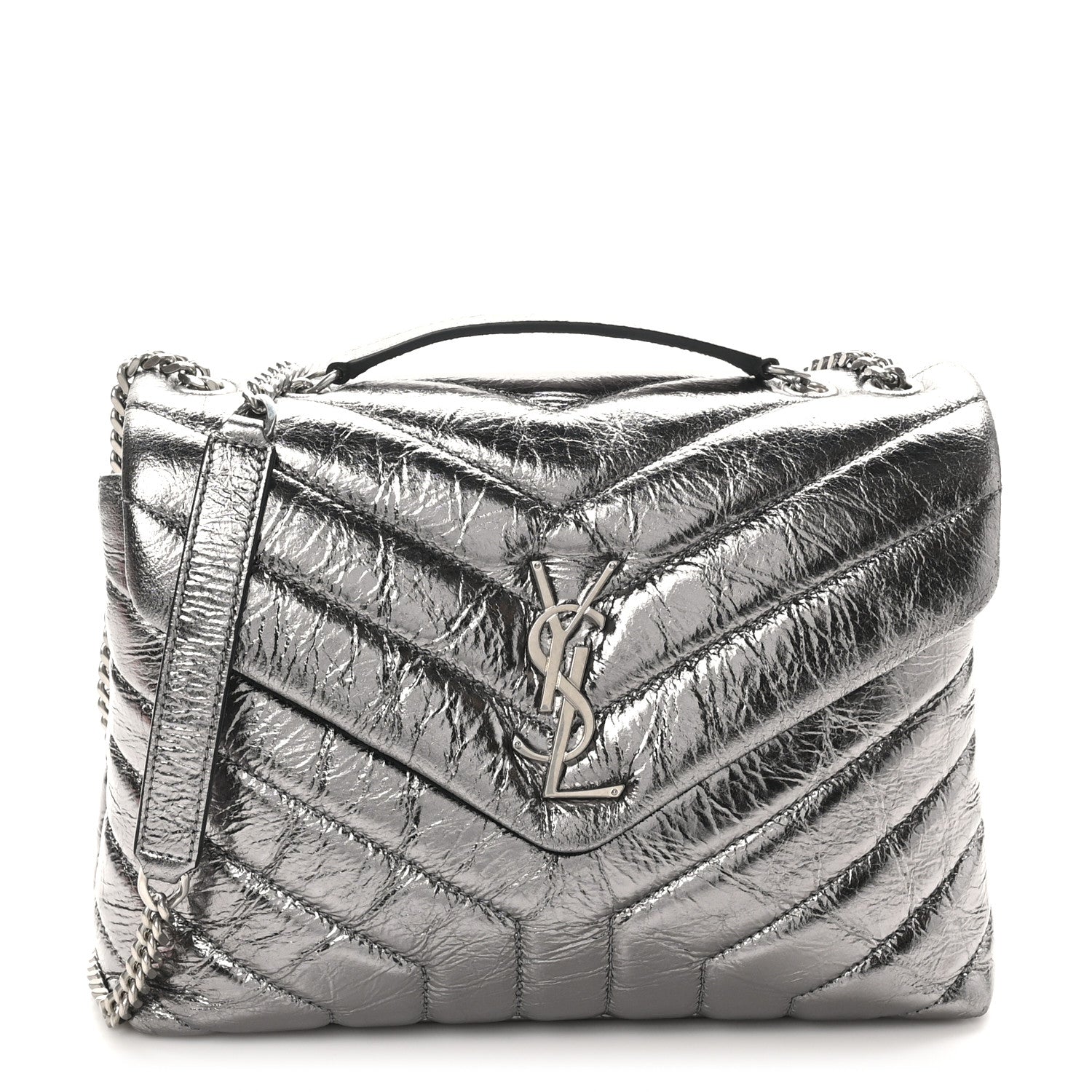 Saint Laurent Metallic Calfskin Y Quilted Monogram Small Loulou Chain Satchel Acciaio 1 of 10