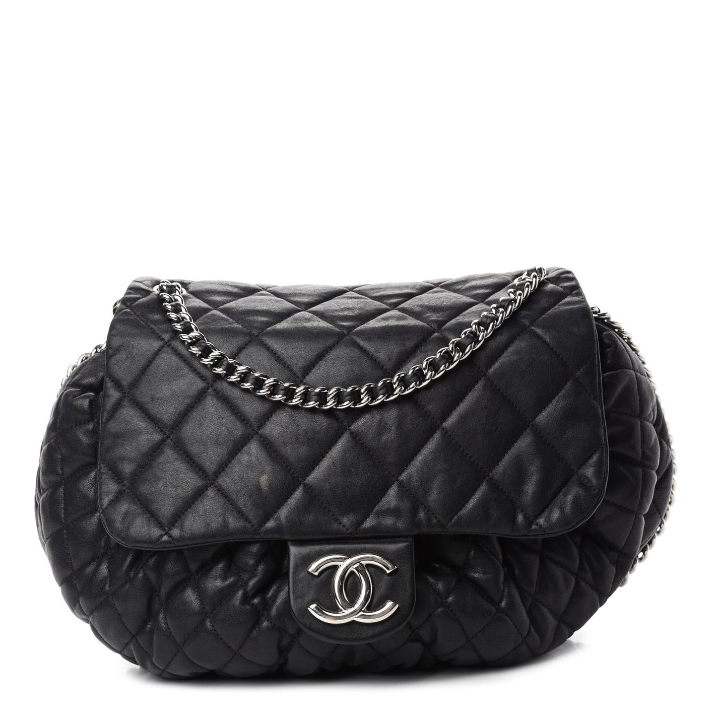 Washed Lambskin Quilted Large Chain Around Messenger Black