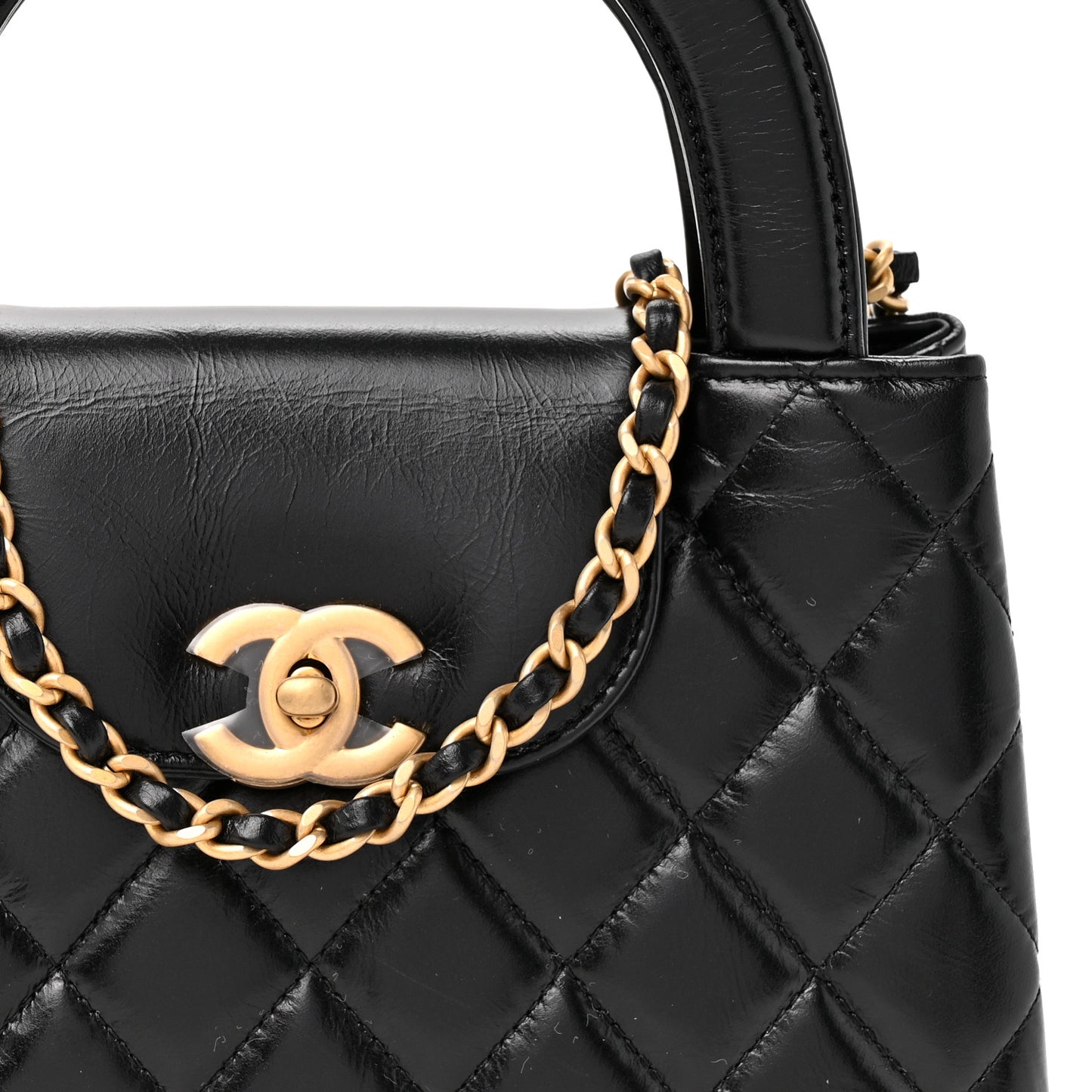 Shiny Aged Calfskin Quilted Nano Kelly Shopper Black
