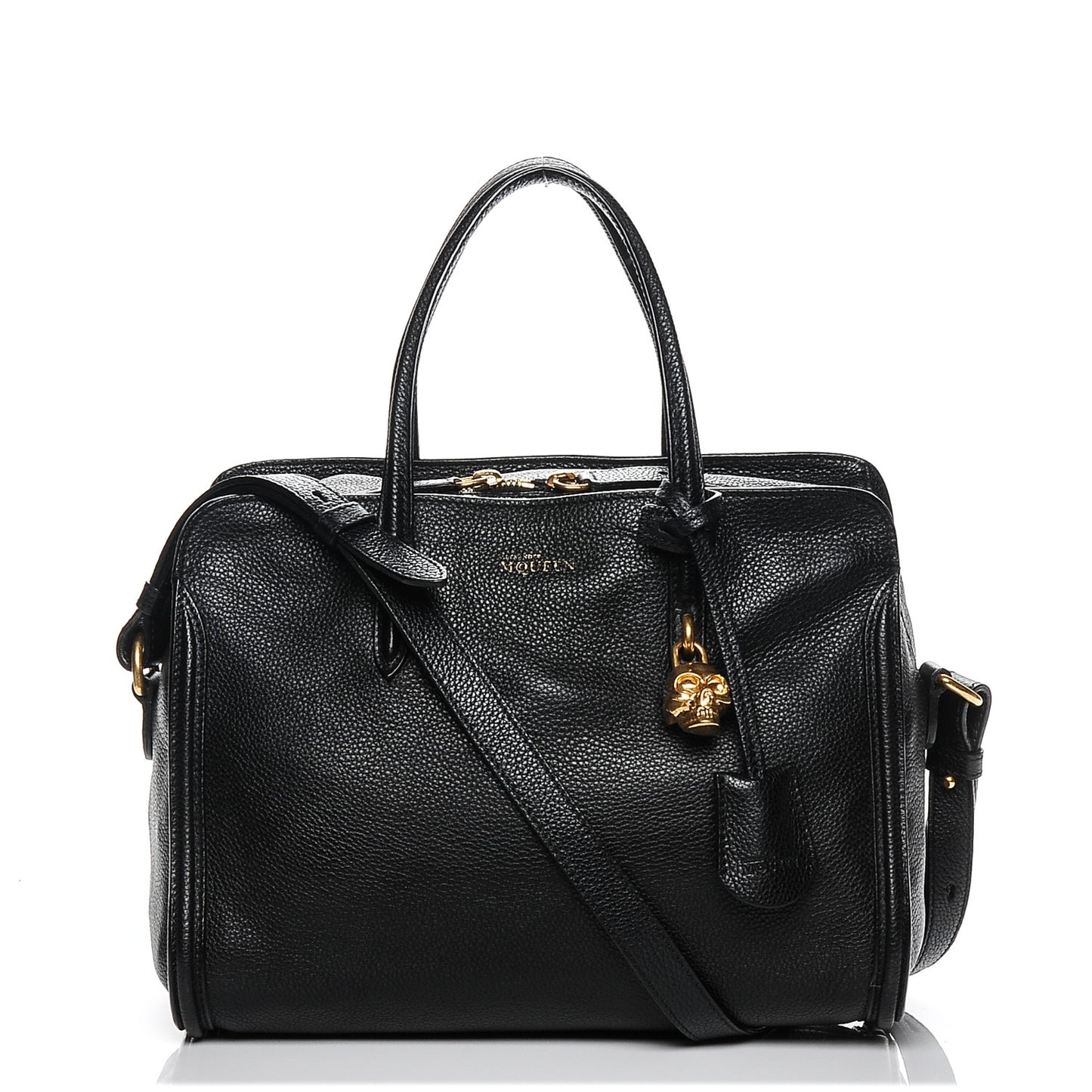 Pebbled Calfskin Small Skull Padlock Zip Around Tote Black