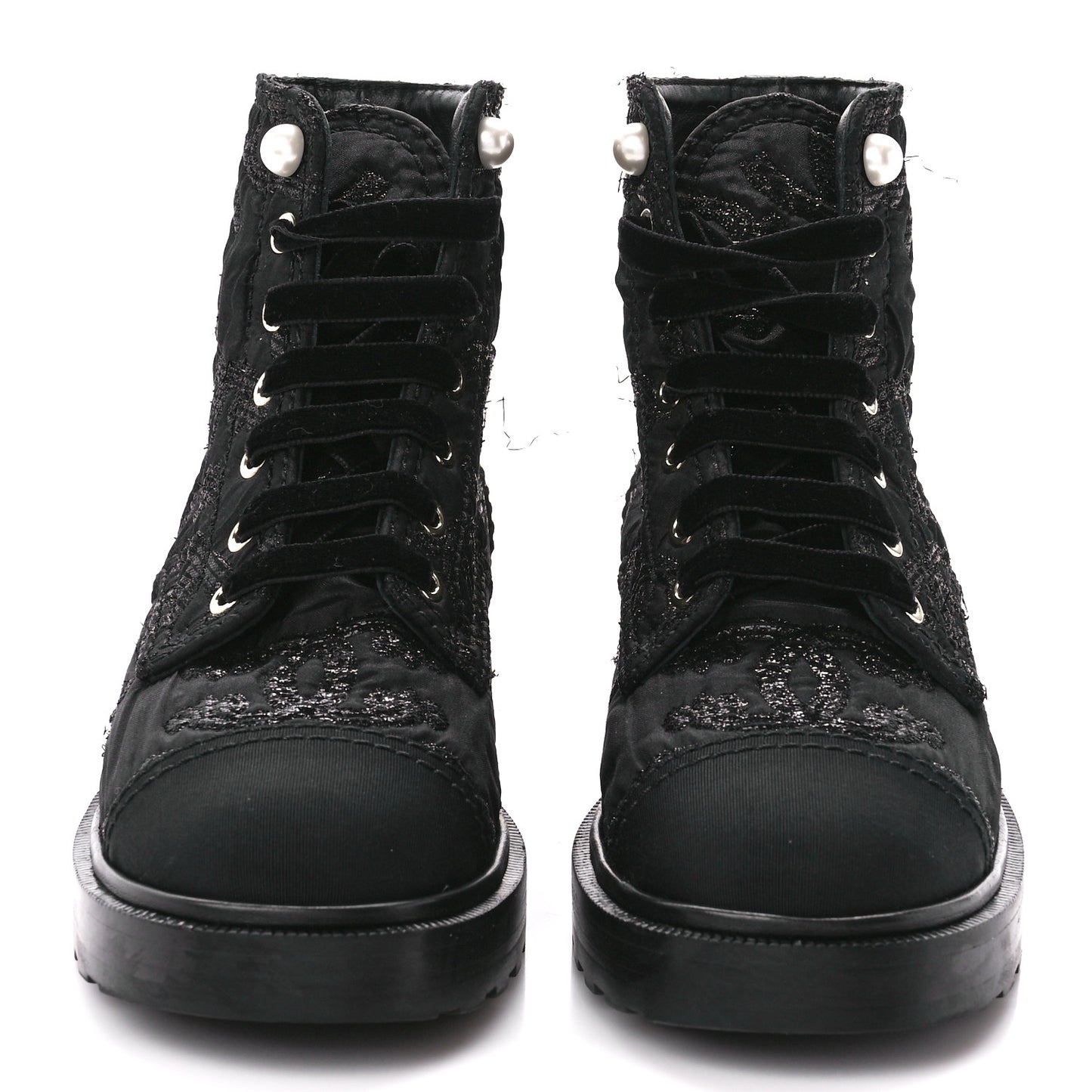 Grosgrain Pearl CC Combat Short Boots 38 Black
