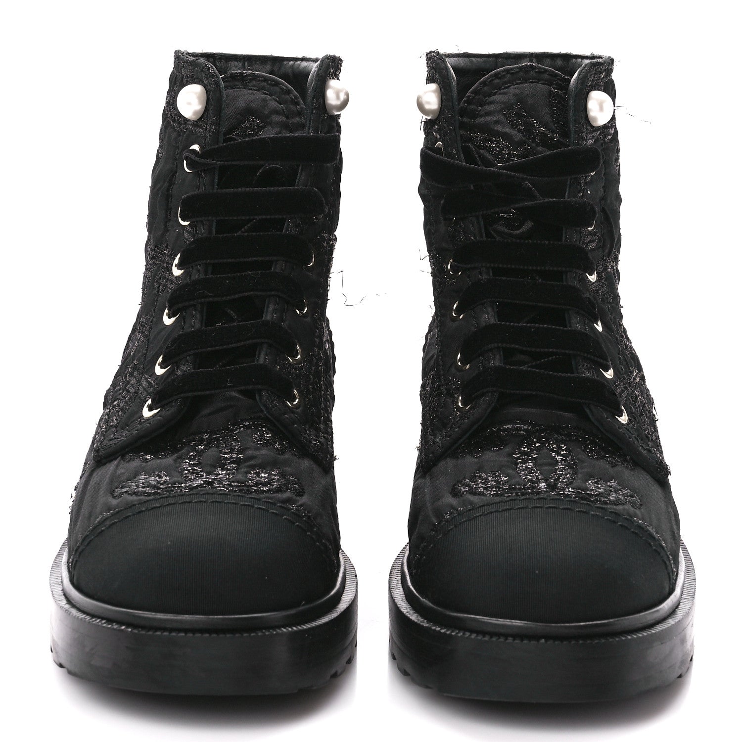 Chanel Grosgrain Pearl CC Combat Short Boots 38 Black 2 of 9