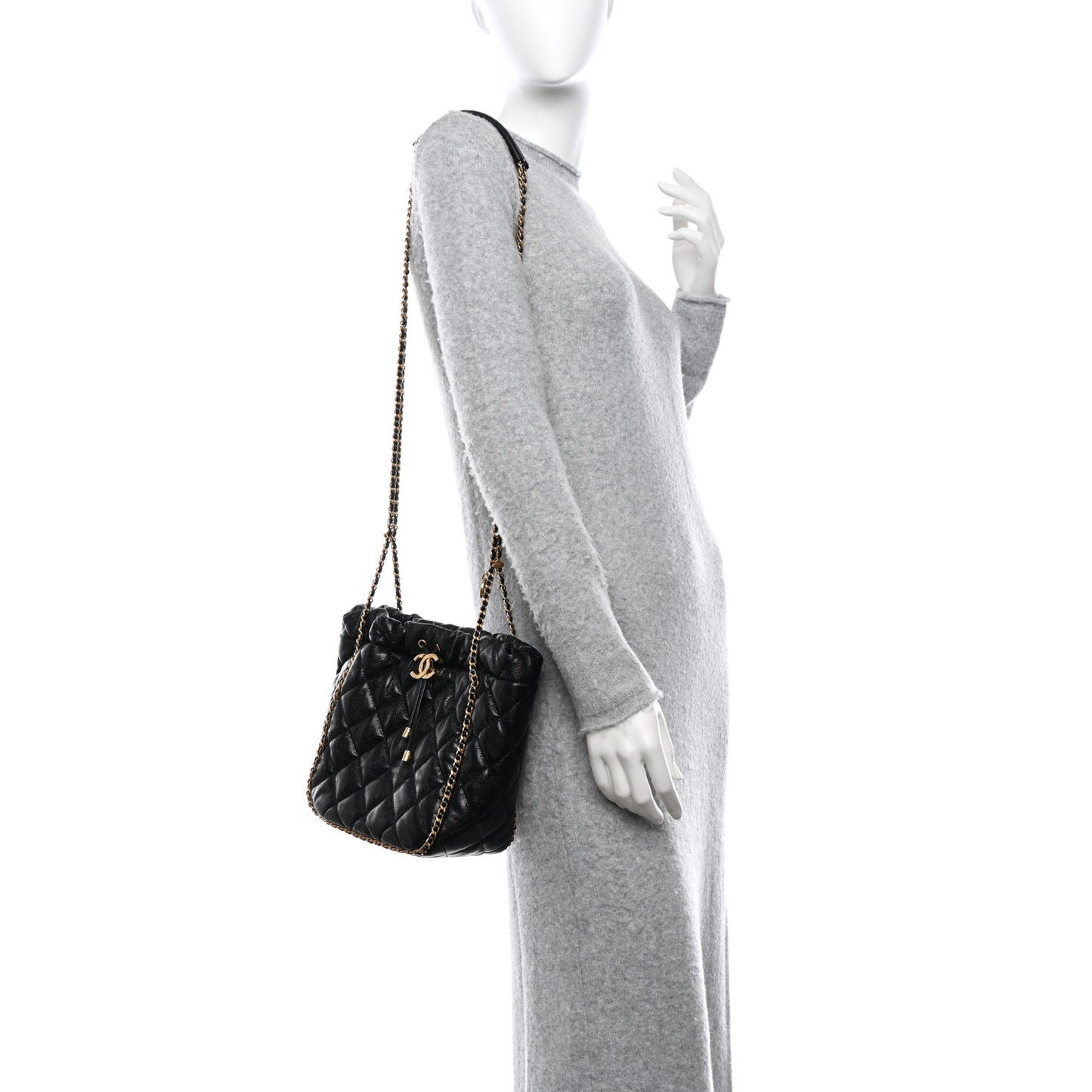 Caviar Quilted Chain Around Multi Chain Bucket Drawstring Bag Black