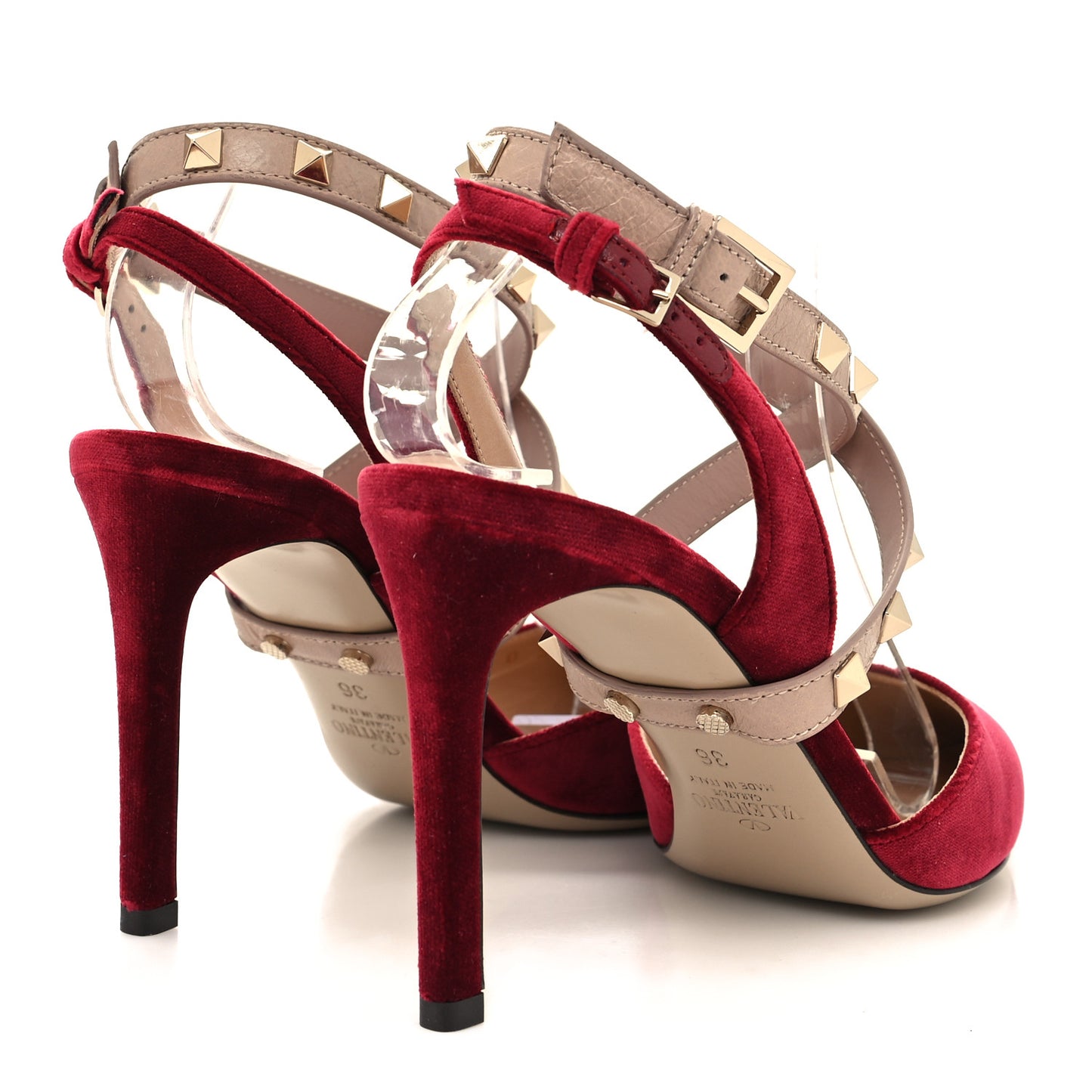 Velvet Calfskin Rockstud Cross Strap Slingback 90mm Pumps 36 Rubino Poudre