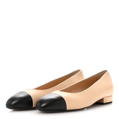 Chanel Lambskin Cap Toe CC Uniform Ballerina Flats 38 Beige Black 4 of 9