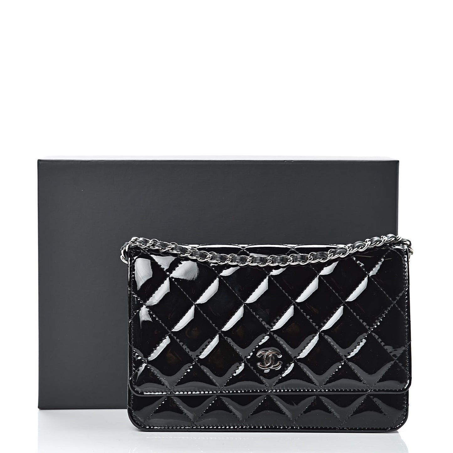 Patent Quilted Wallet On Chain WOC Black