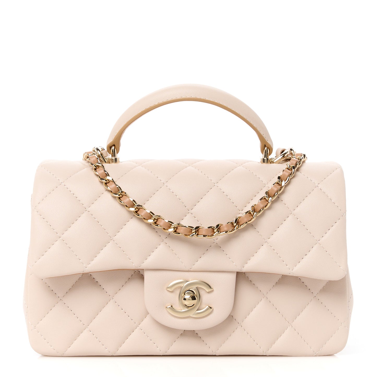 Lambskin Quilted Bi-Color Mini Top Handle Rectangular Flap Ecru Dark Beige