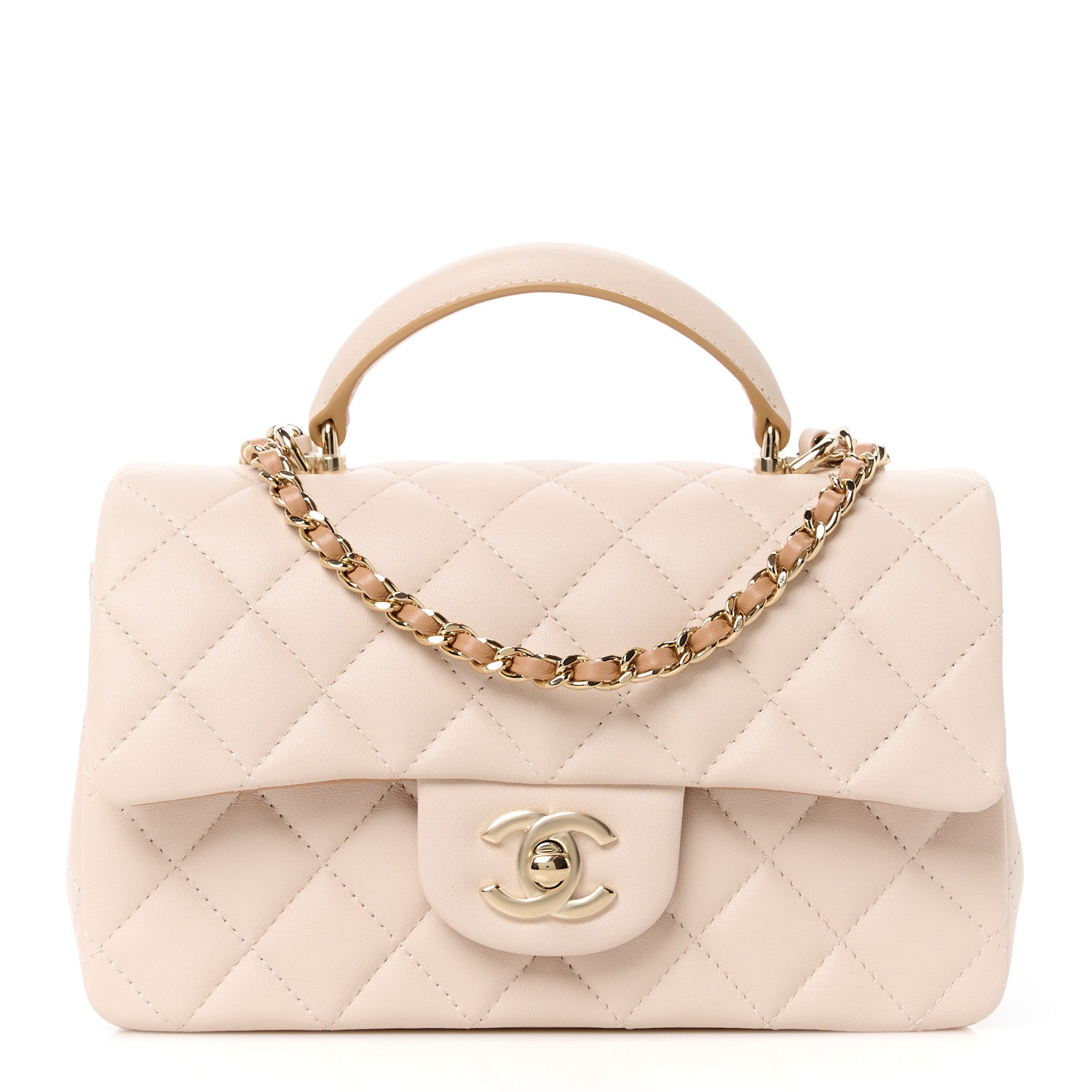 Chanel Lambskin Quilted Bi-Color Mini Top Handle Rectangular Flap Ecru Dark Beige 1 of 12