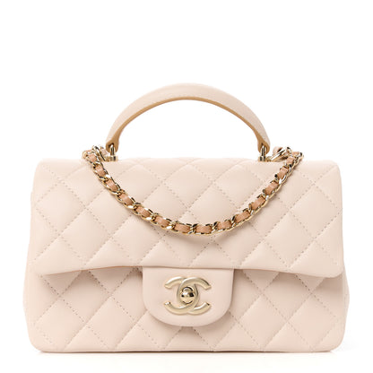 Chanel Lambskin Quilted Bi-Color Mini Top Handle Rectangular Flap Ecru Dark Beige 1 of 12