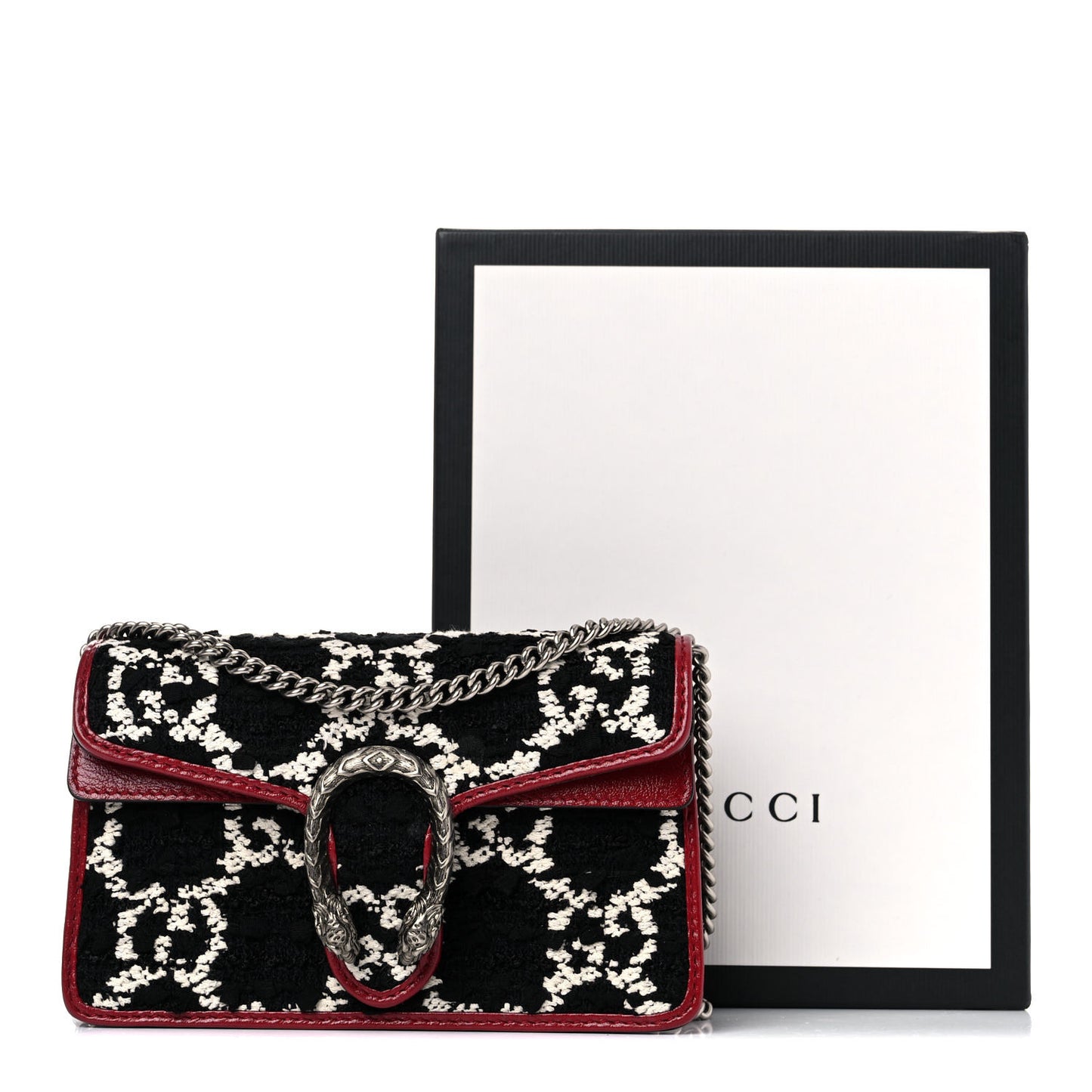 Tweed GG Monogram Super Mini Dionysus Shoulder Bag Black White Romantic Cherry