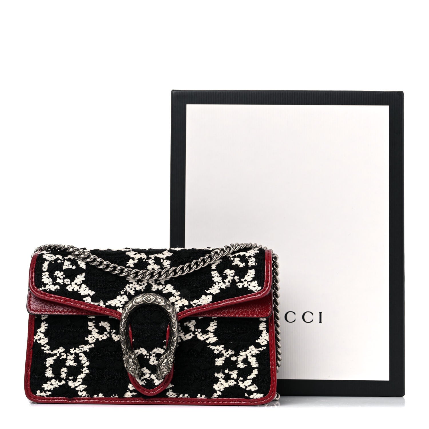 Gucci Tweed GG Monogram Super Mini Dionysus Shoulder Bag Black White Romantic Cherry 9 of 9