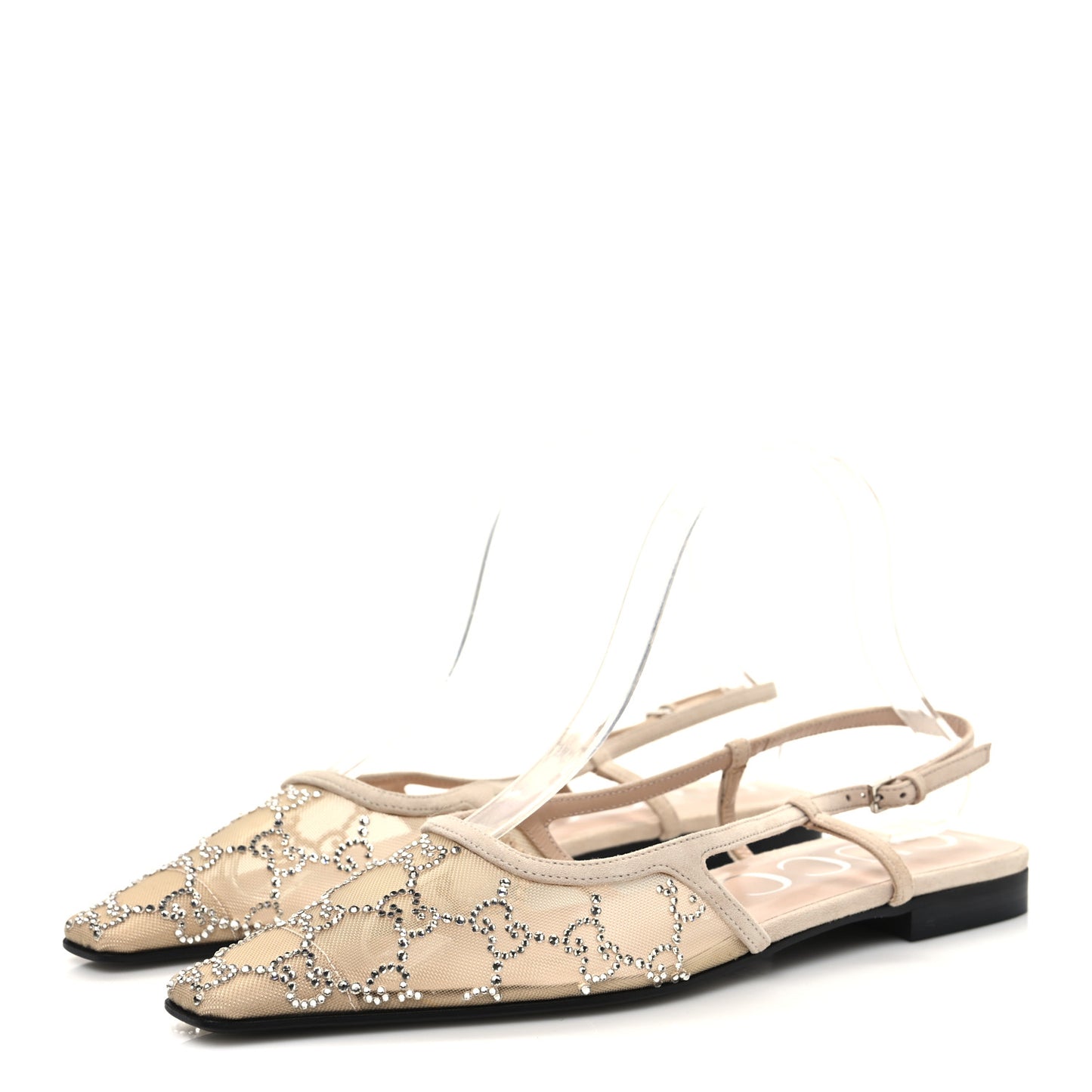 Suede Mesh Crystal GG Monogram Slingback Ballet Flats 37.5 Light Powder Skin Rose