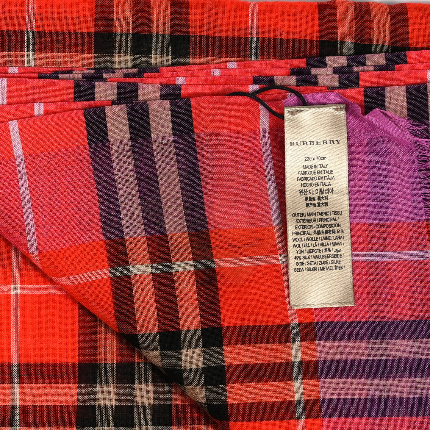 Wool Silk Vintage Check Gauze Scarf Bright Orange Red