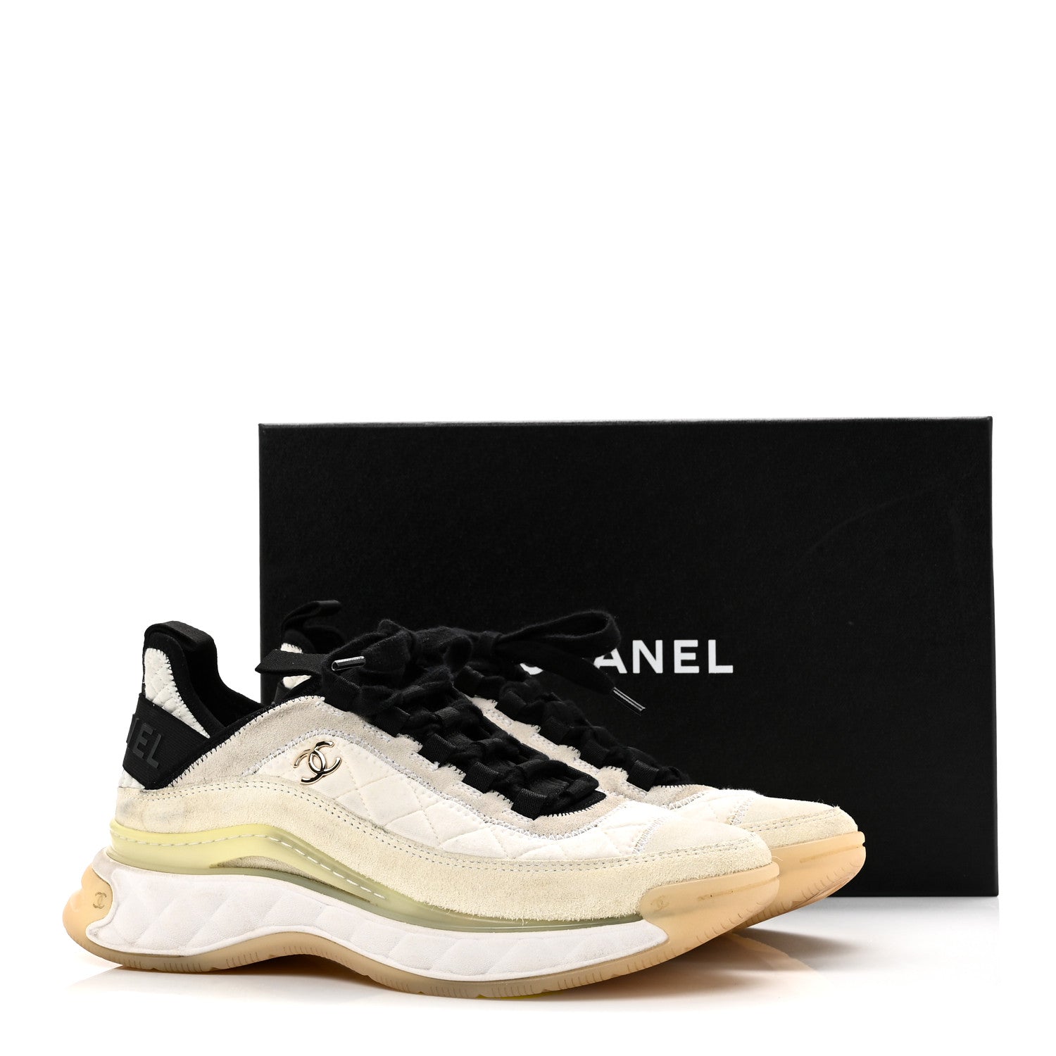 Chanel Fabric Suede Calfskin CC Sneakers 38.5 Ivory Black 1860499