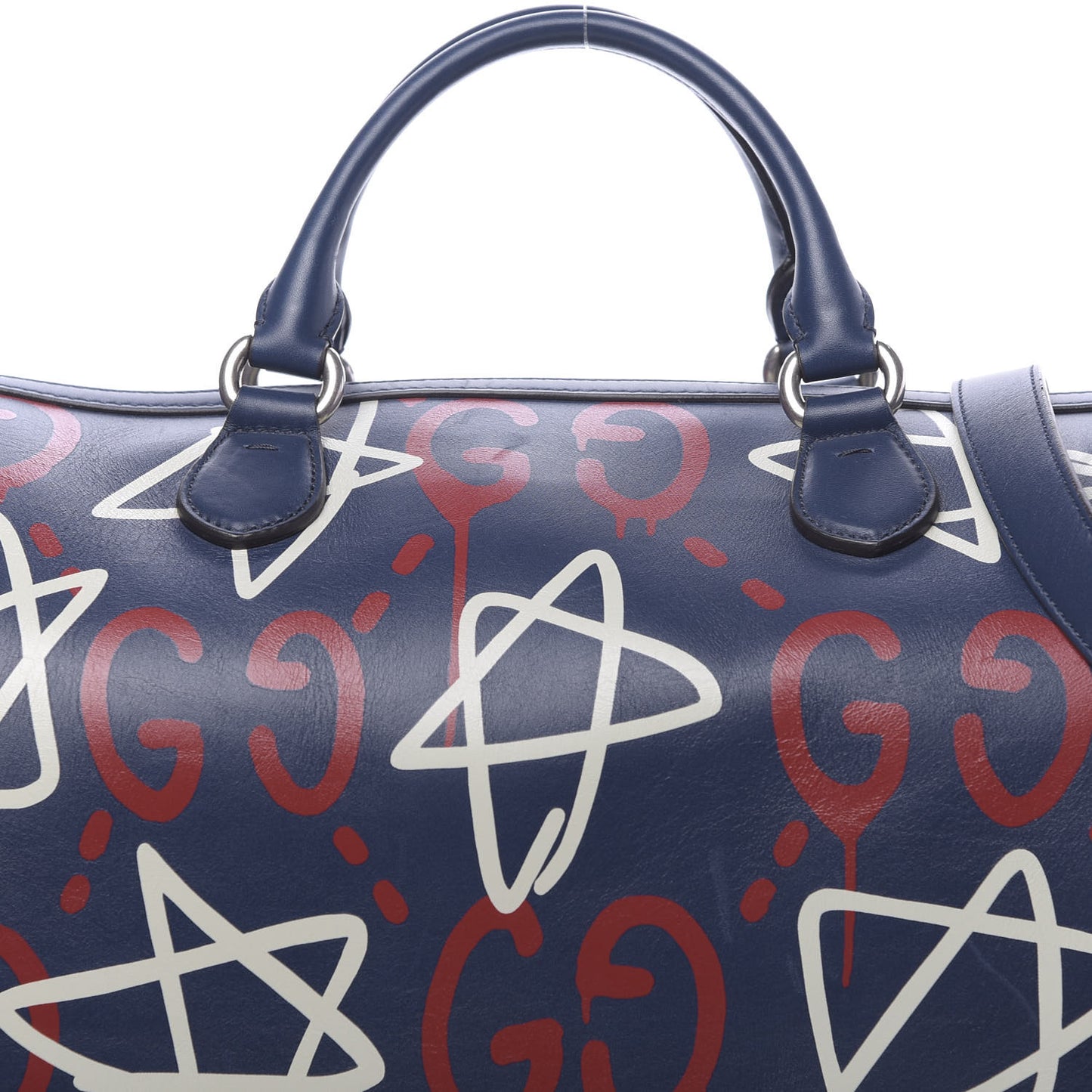 Calfskin GucciGhost Print Duffle Blue Agata Hibiscus Red