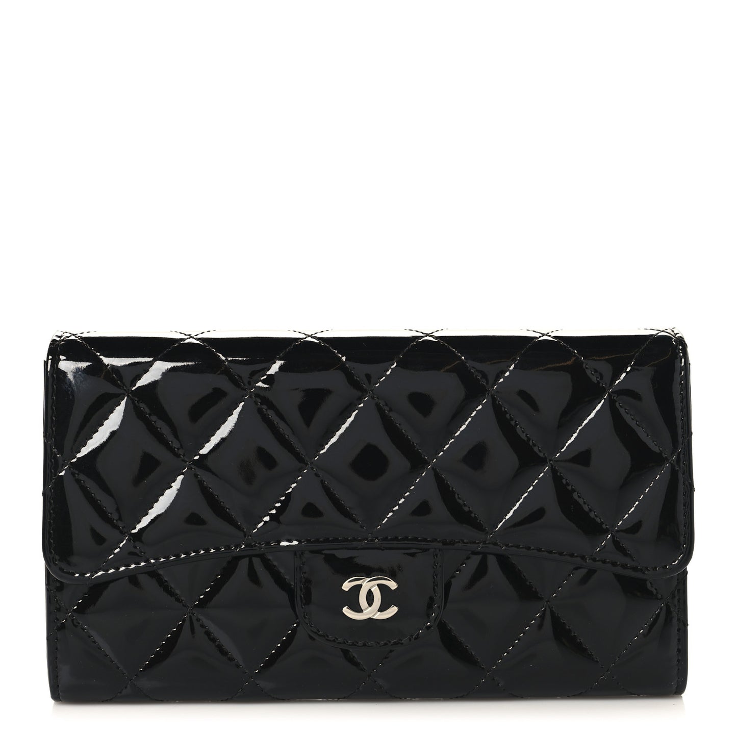 Patent Quilted Large Flap Wallet Black