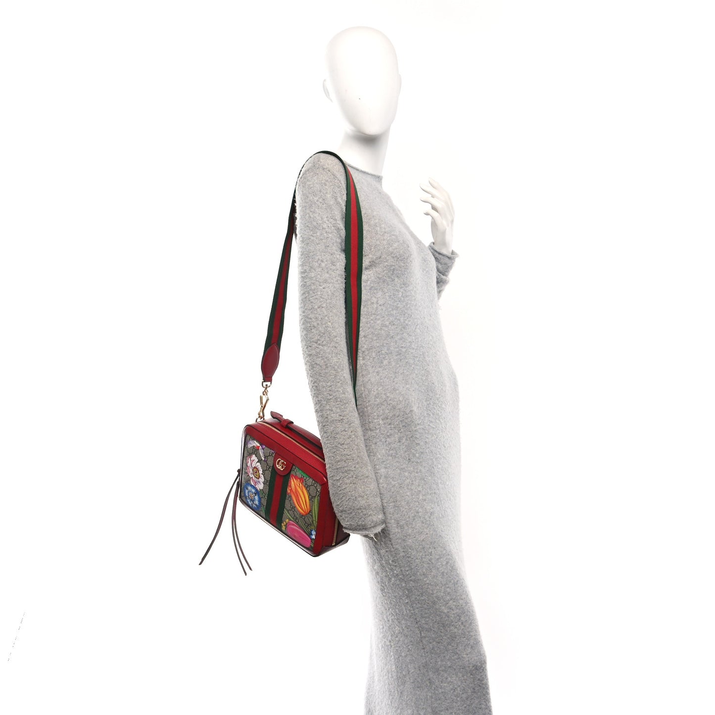 GG Supreme Monogram Flora Web Small Ophidia Top Handle Shoulder Bag Hibiscus Red