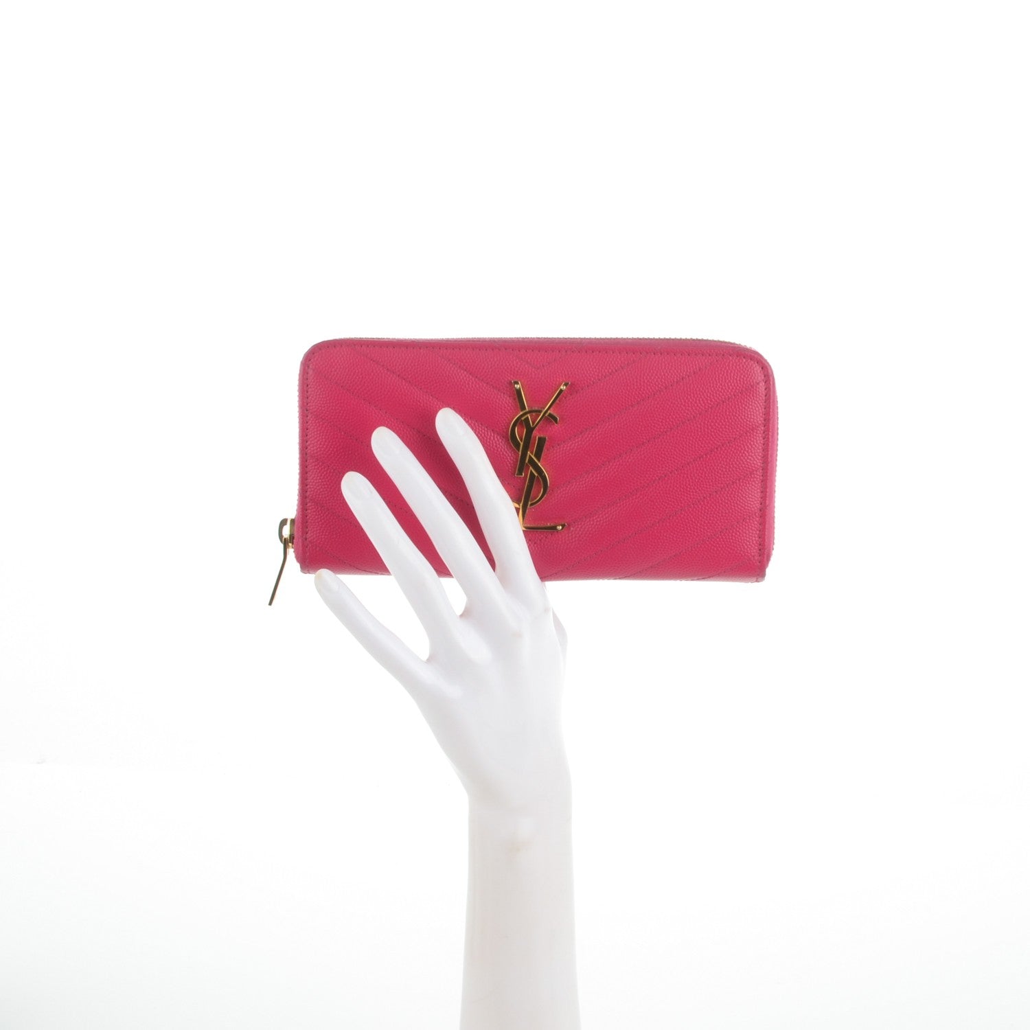 Saint Laurent Grain De Poudre Matelasse Chevron Monogram Zip Around Wallet Fuchsia 2 of 7