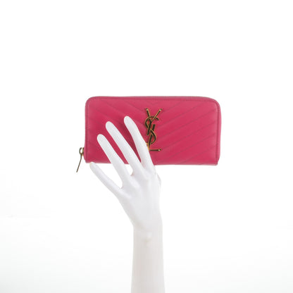 Saint Laurent Grain De Poudre Matelasse Chevron Monogram Zip Around Wallet Fuchsia 2 of 7