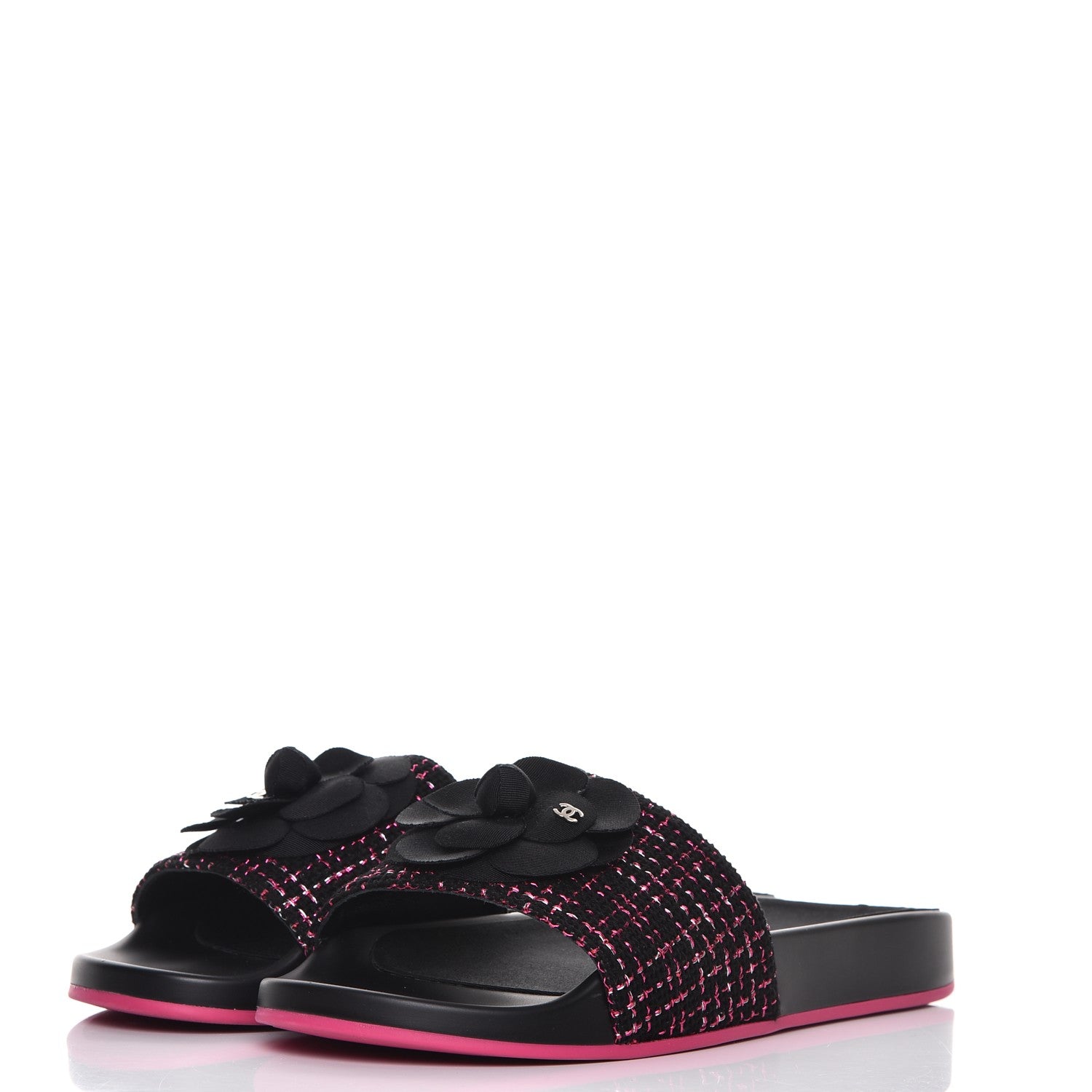 Chanel Tweed Grosgrain Camellia CC Flat Mules 41 Black Pink 3 of 10