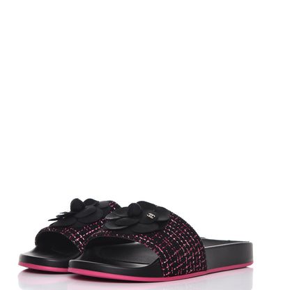 Chanel Tweed Grosgrain Camellia CC Flat Mules 41 Black Pink 3 of 10