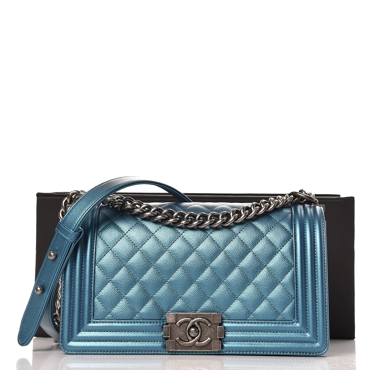 Metallic Caviar Quilted Medium Boy Flap Turquoise