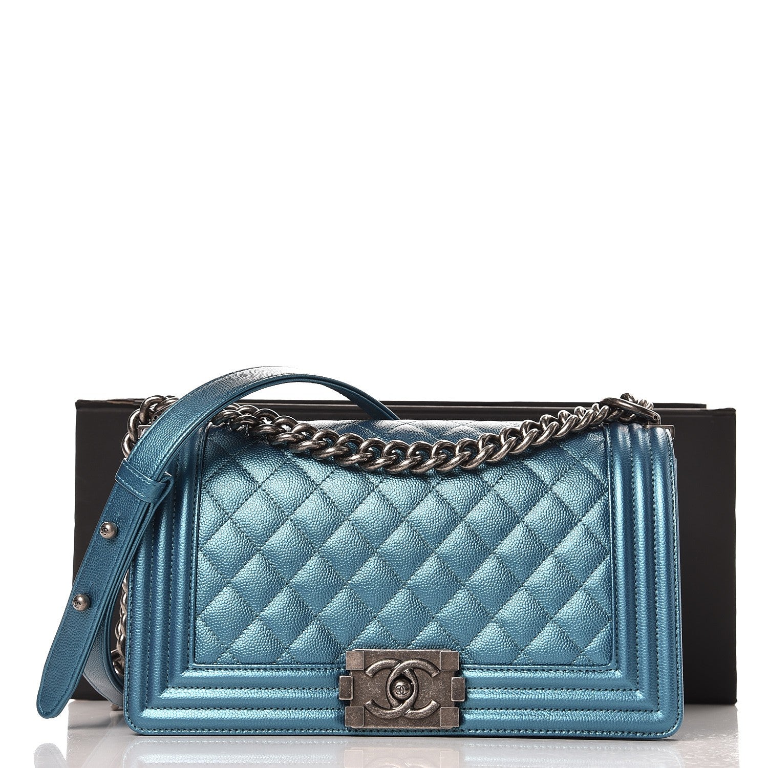 Chanel Metallic Caviar Quilted Medium Boy Flap Turquoise 9 of 9
