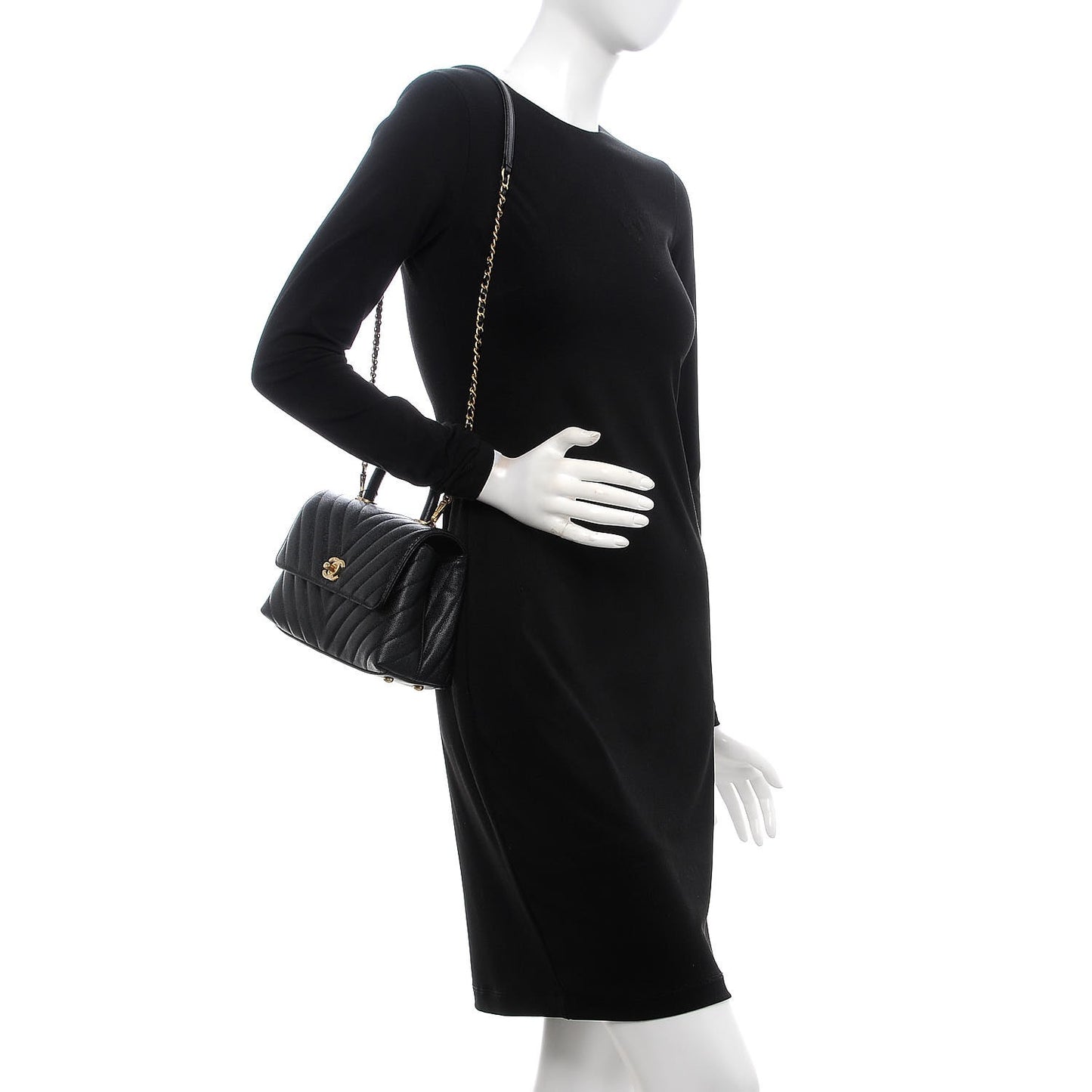 Caviar Chevron Quilted Mini Coco Handle Flap Black