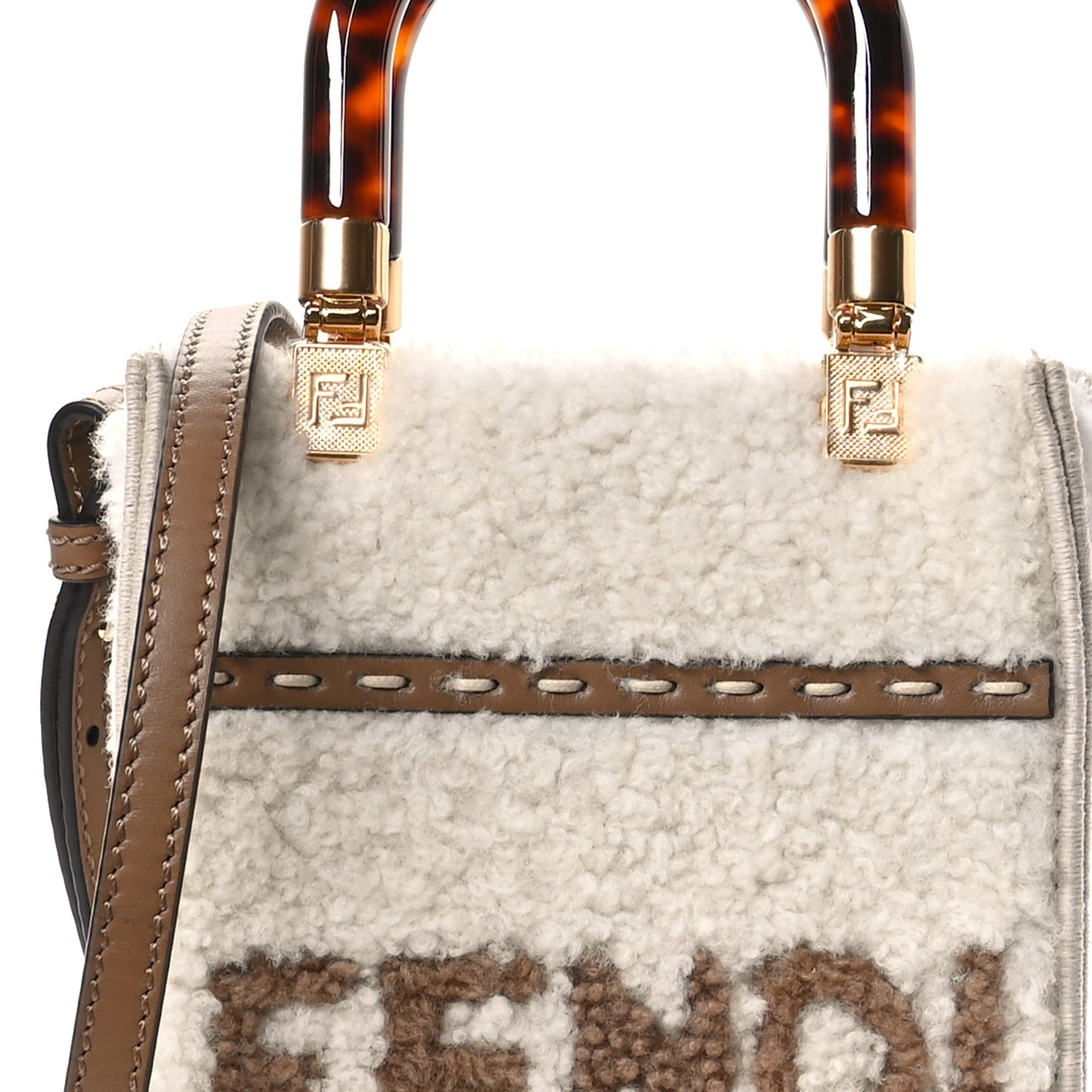 Shearling Vitello King Plexiglass Logo Mini Fendi Sunshine Shopper Tote White