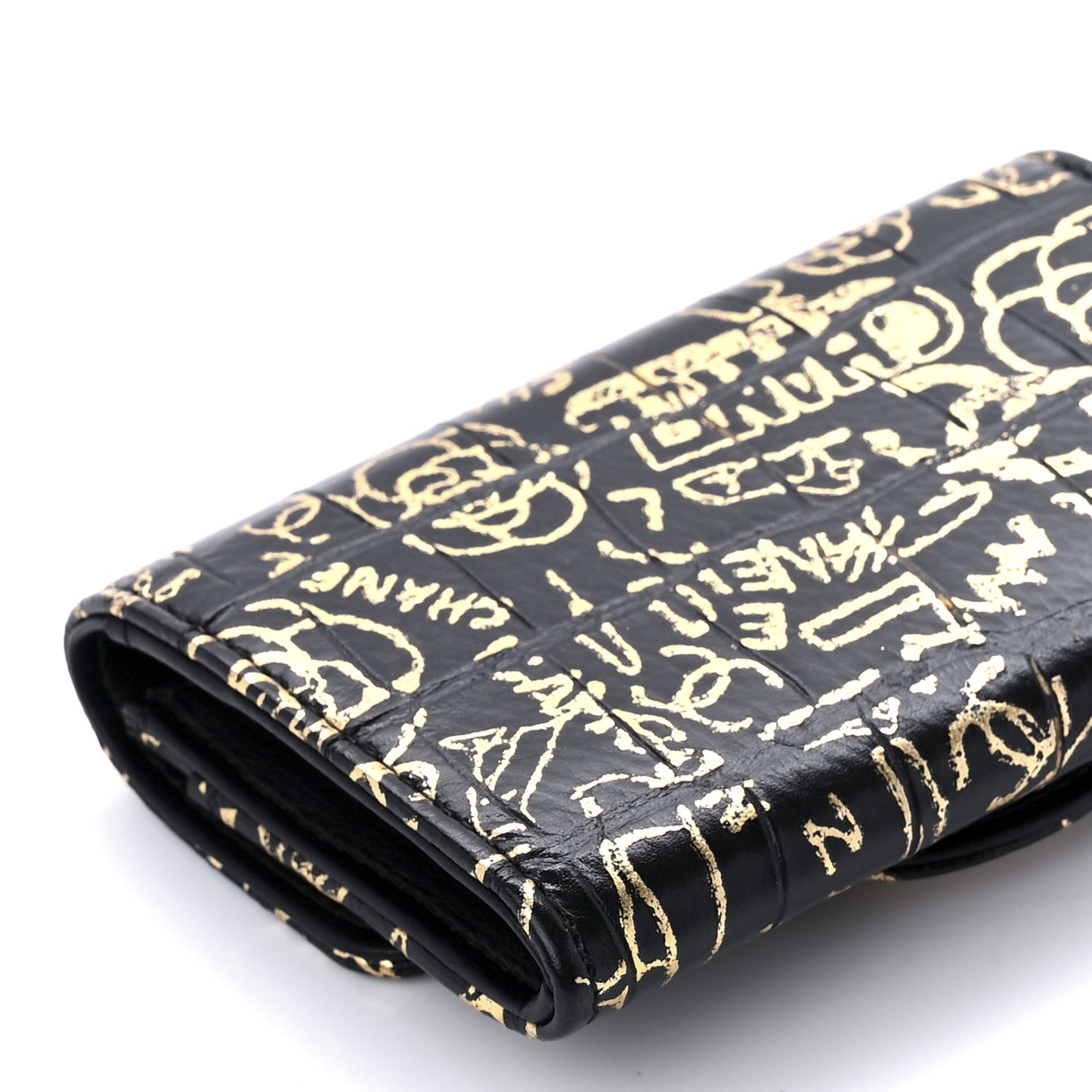 Calfskin Crocodile Embossed Graffiti 2.55 Cocodile Reissue Flap Card Holder Black Gold