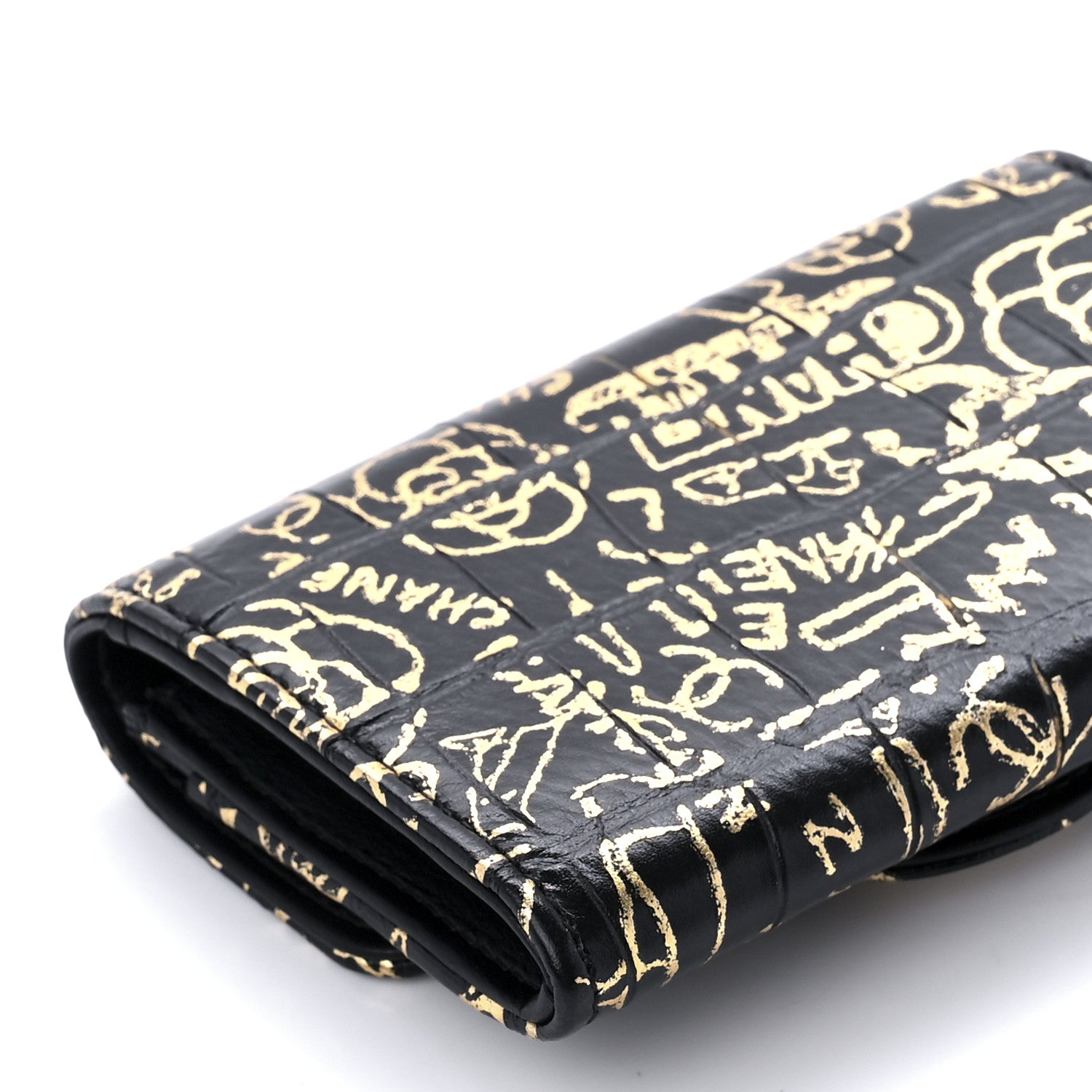 Chanel Calfskin Crocodile Embossed Graffiti 2.55 Cocodile Reissue Flap Card Holder Black Gold 11 of 12