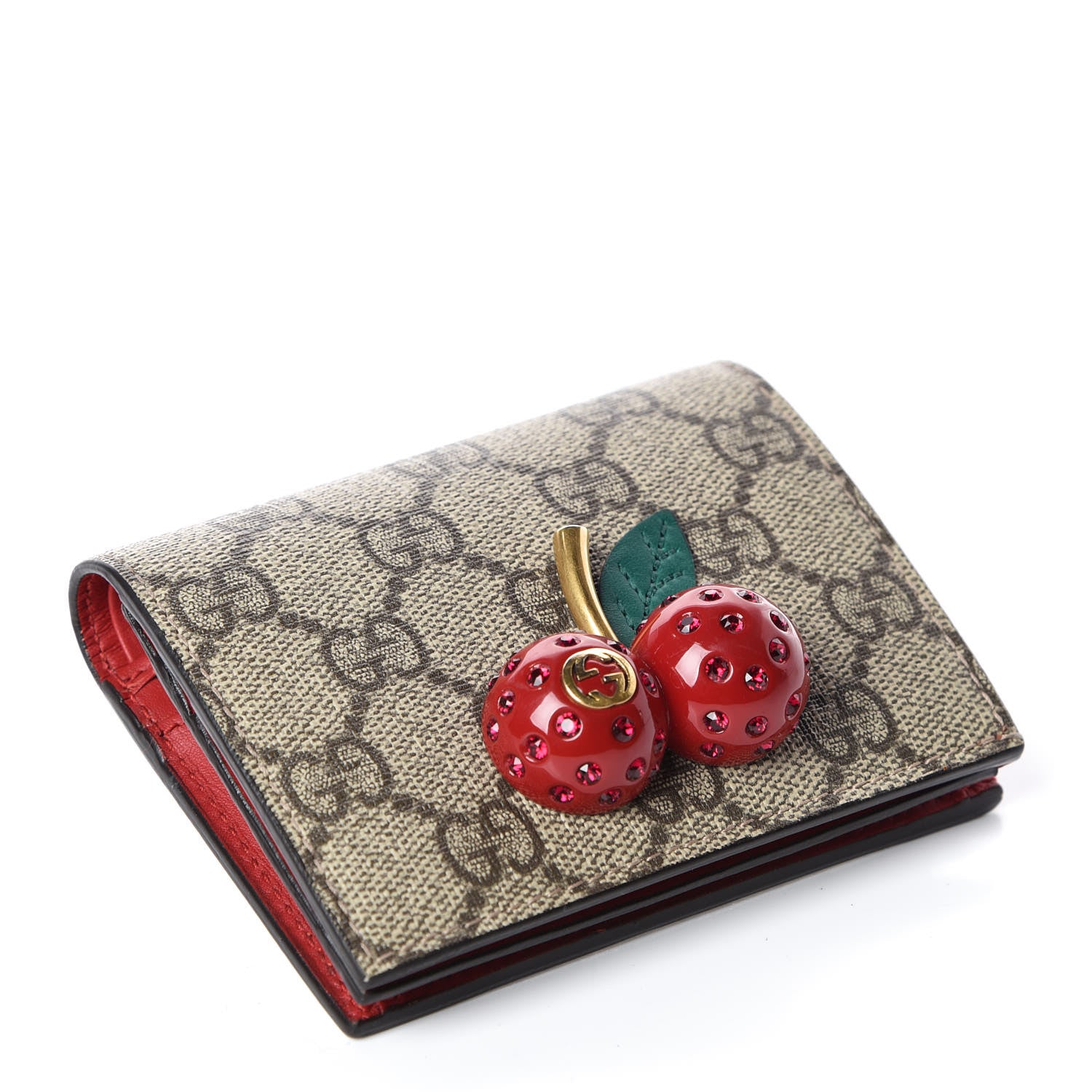 Gucci GG Supreme Monogram Cherry Embellished Card Case Wallet Hibiscus Red 4 of 8