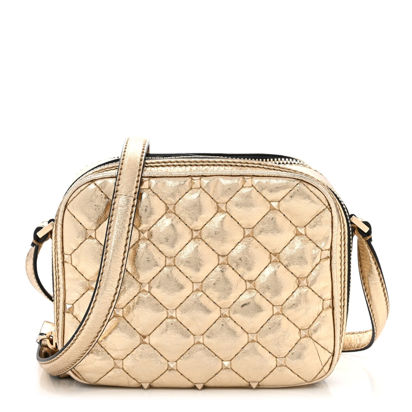 Metallic Wrinkled Lambskin Rockstud Spike Double Zip Camera Crossbody Bag Mekong