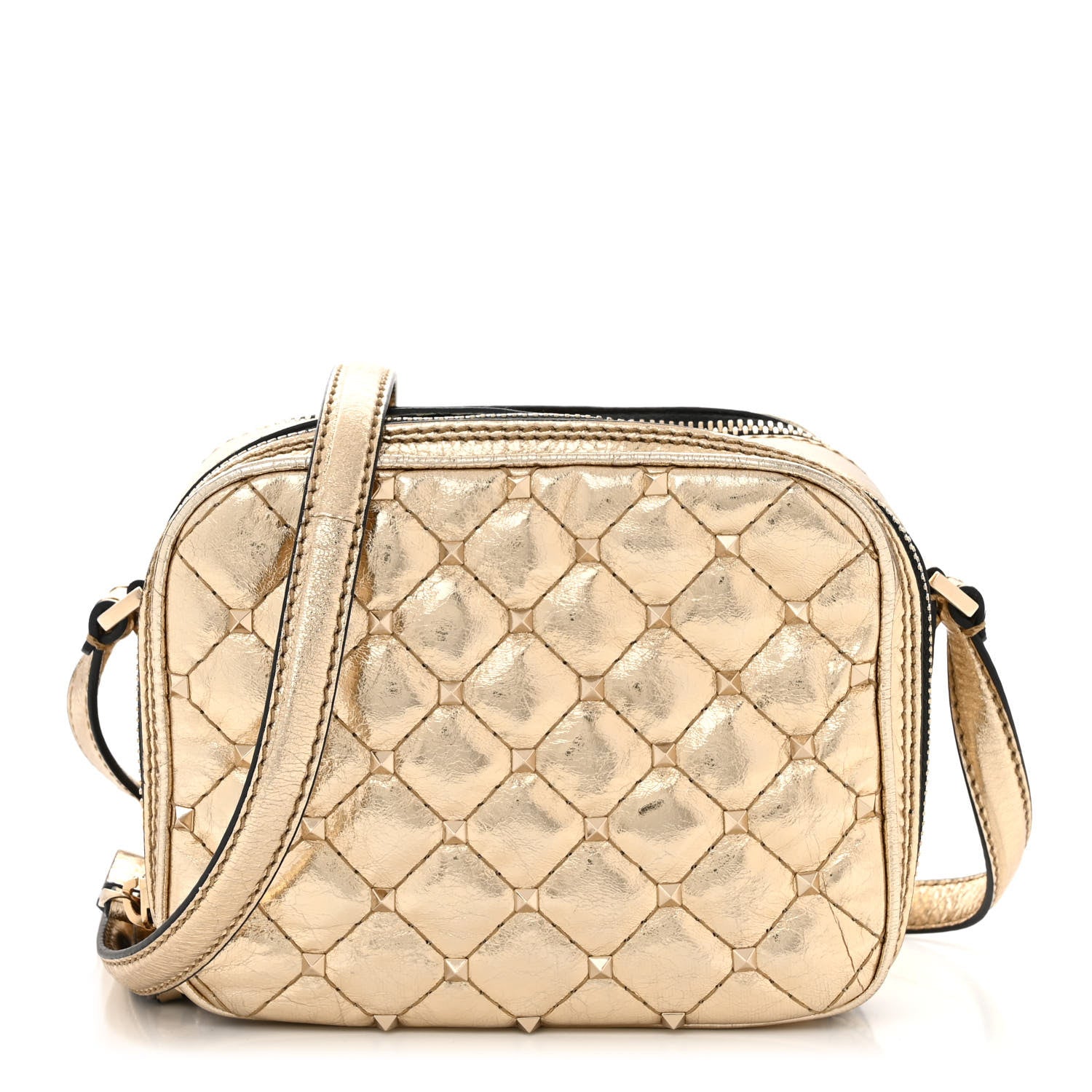 Valentino Garavani Metallic Wrinkled Lambskin Rockstud Spike Double Zip Camera Crossbody Bag Mekong 1 of 11
