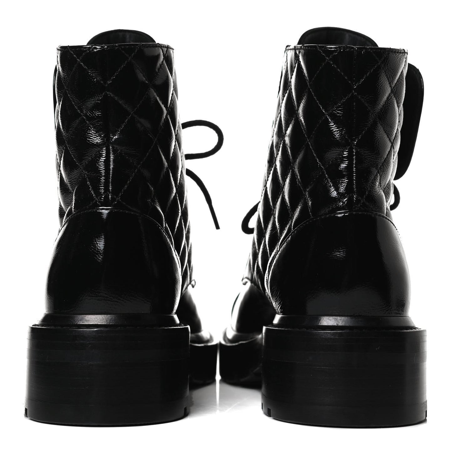 Shiny Calfskin Quilted Lace Up Combat Boots 35.5 Black