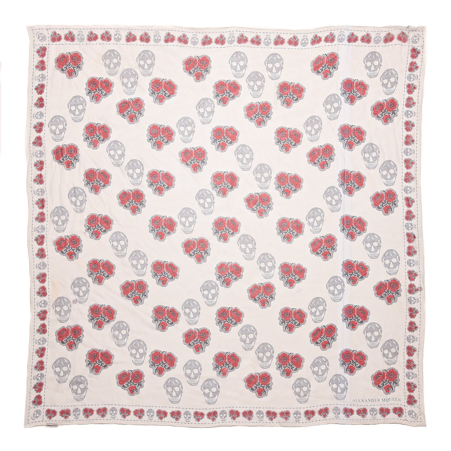 Silk Chiffon Skull Poppy Scarf Ivory Red