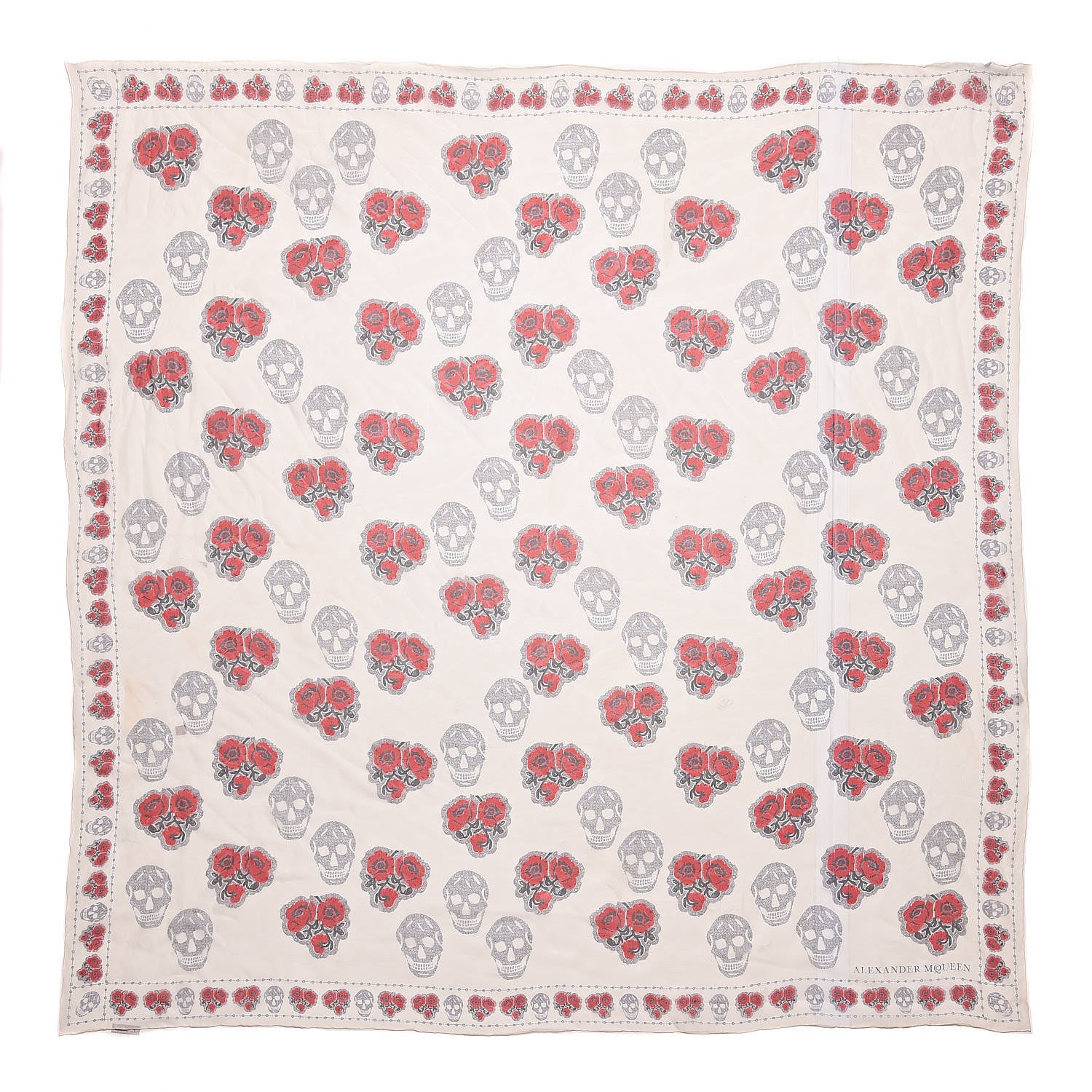 Alexander McQueen Silk Chiffon Skull Poppy Scarf Ivory Red 1 of 6