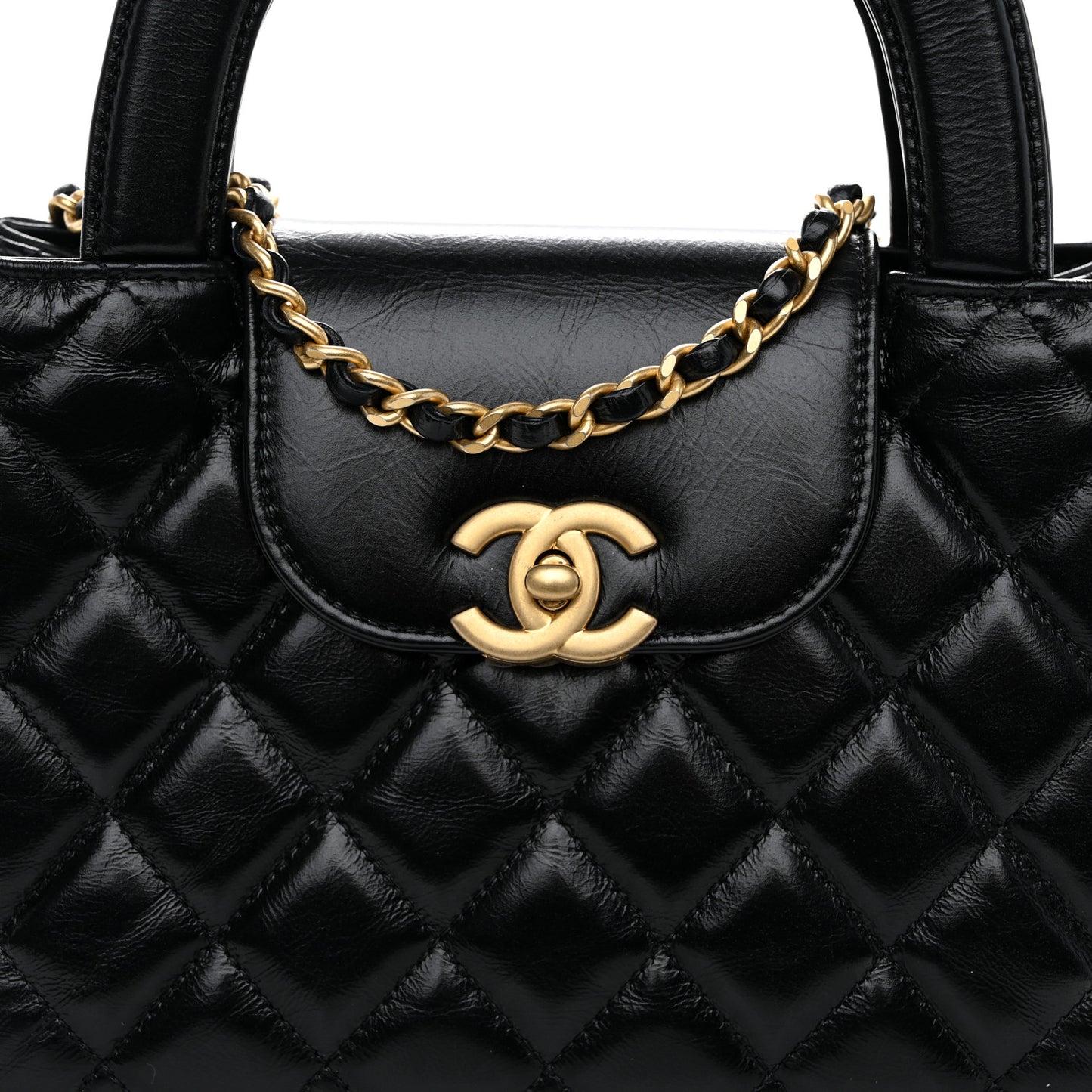 Shiny Aged Calfskin Quilted Nano Kelly Shopper Black