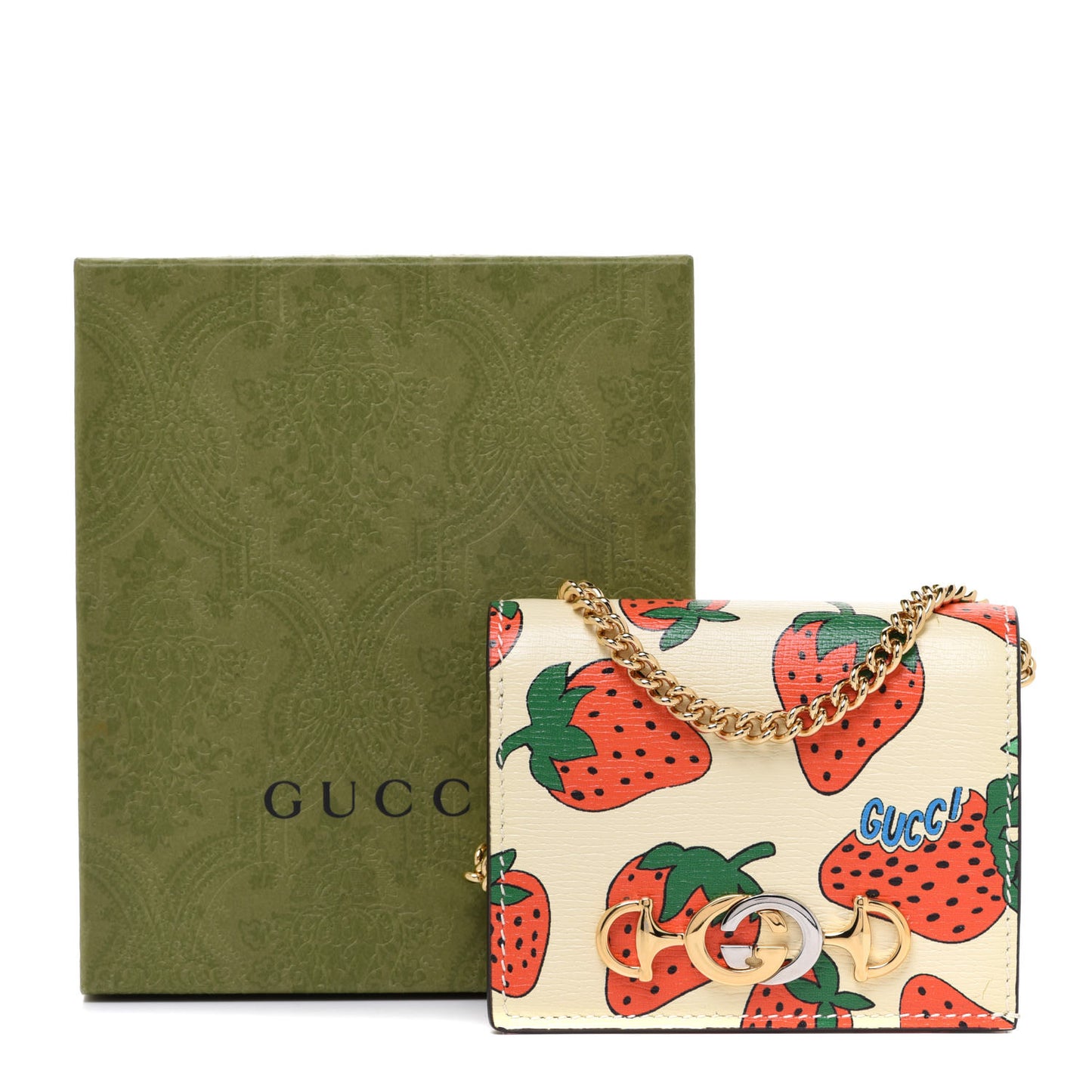 Calfskin Strawberry Print Zumi Chain Card Case Wallet Ivory Red