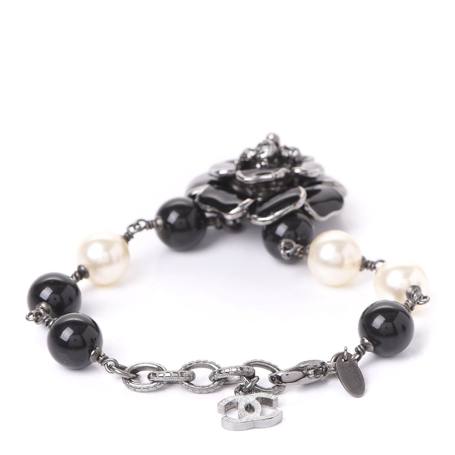 Enamel Camellia Crystal Pearl Beaded CC Bracelet Silver Black