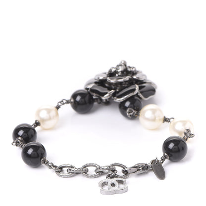 Chanel Enamel Camellia Crystal Pearl Beaded CC Bracelet Silver Black 2 of 6