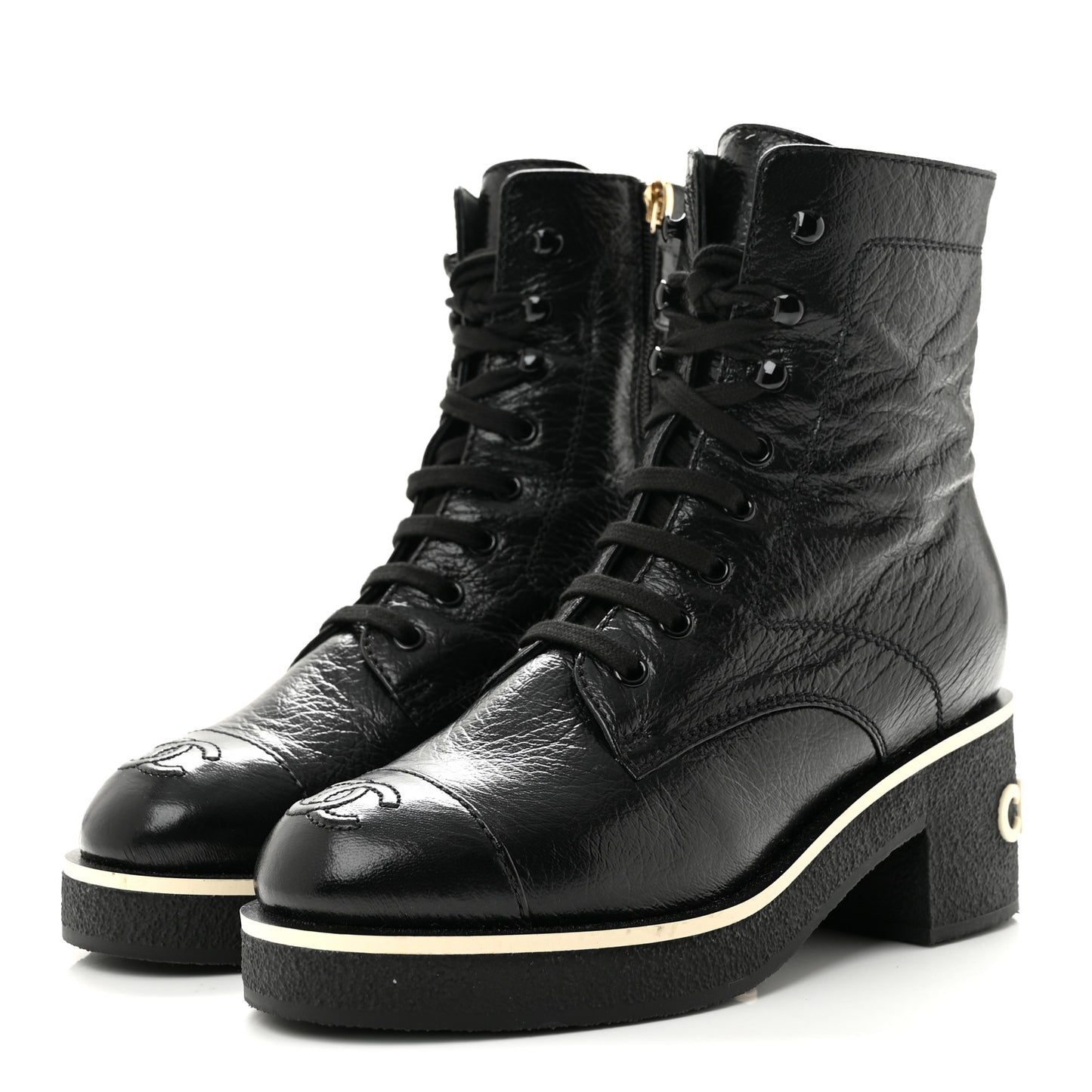 Shiny Crumpled Lambskin Lace Up Combat Boots 36 Black