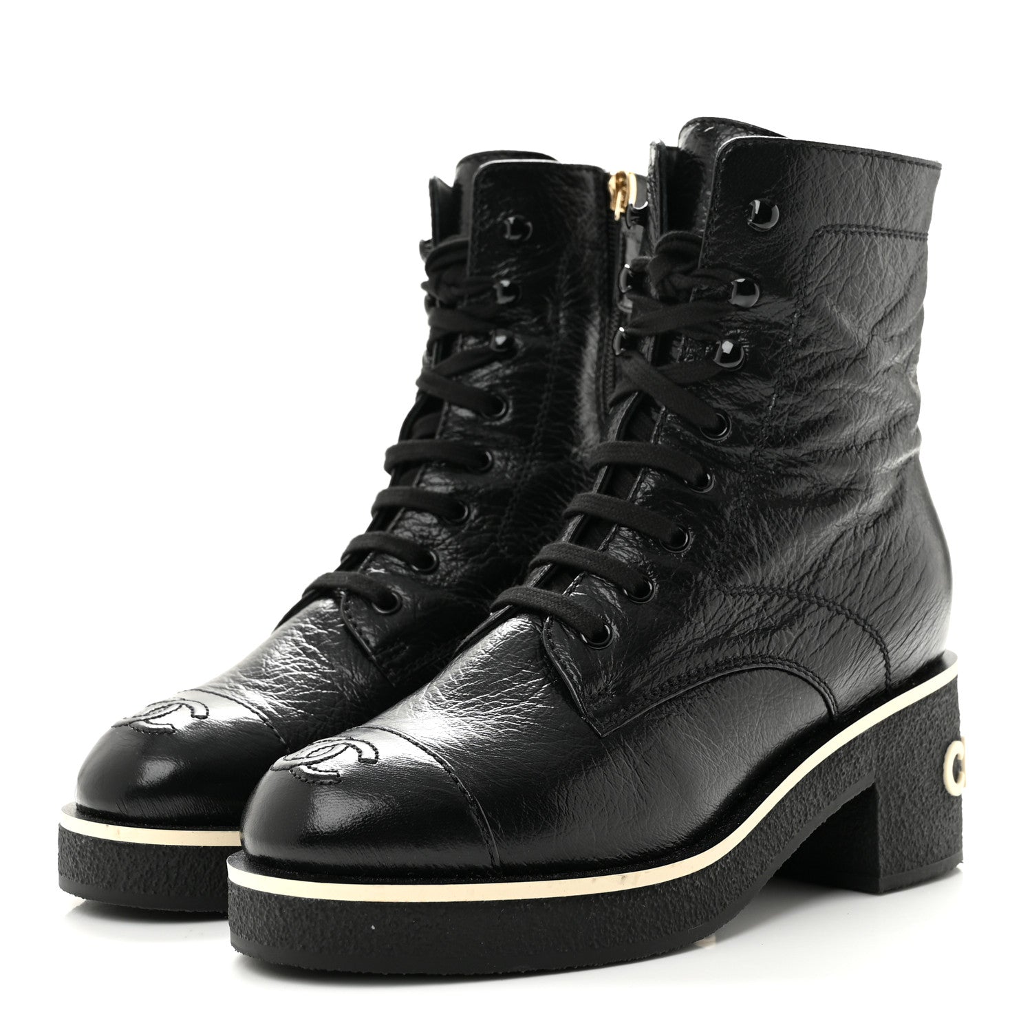 Chanel Shiny Crumpled Lambskin Lace Up Combat Boots 36 Black 4 of 11