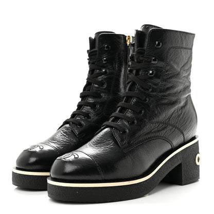 Chanel Shiny Crumpled Lambskin Lace Up Combat Boots 36 Black 4 of 11